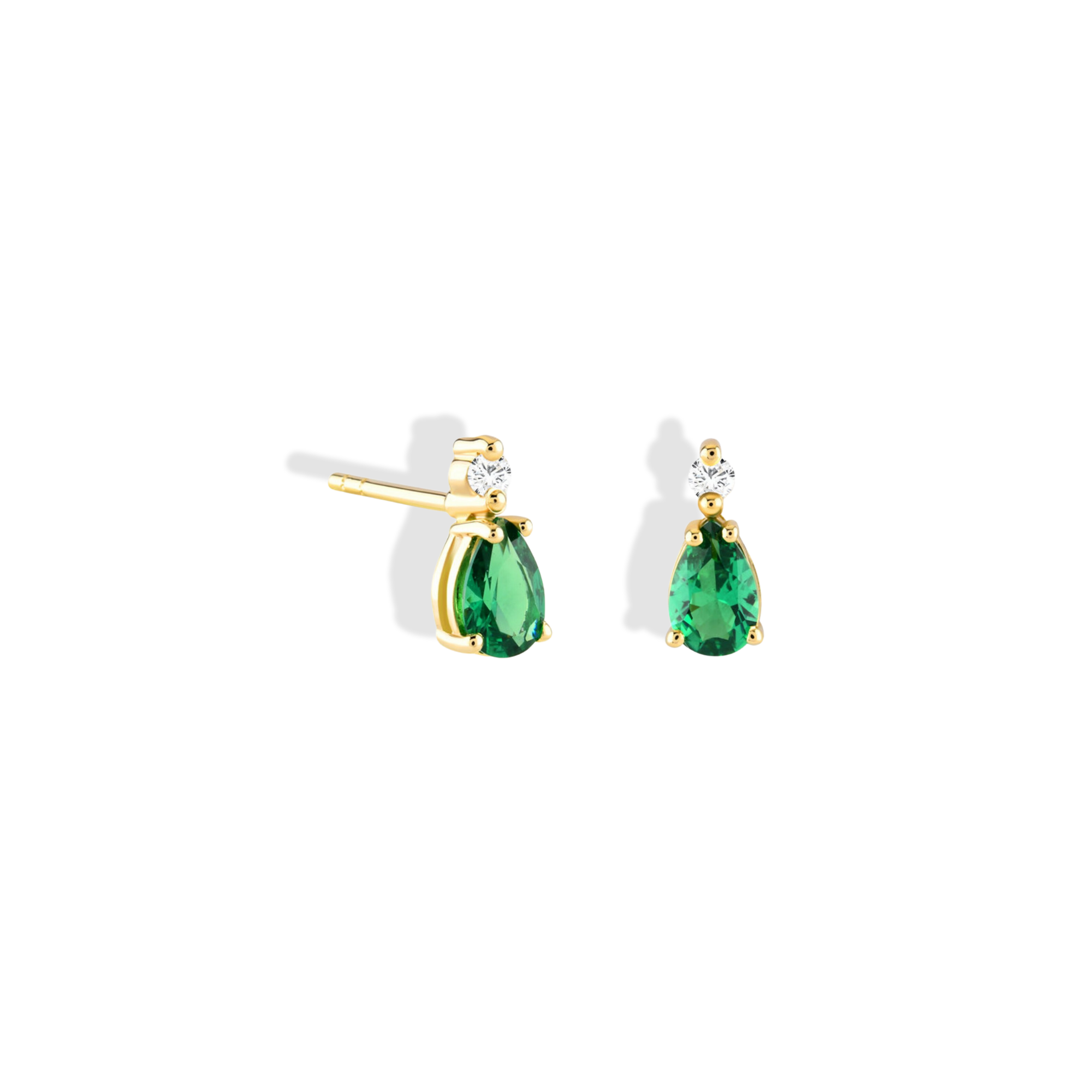 14K Gold Diamond Earrings with Green Drop Stones