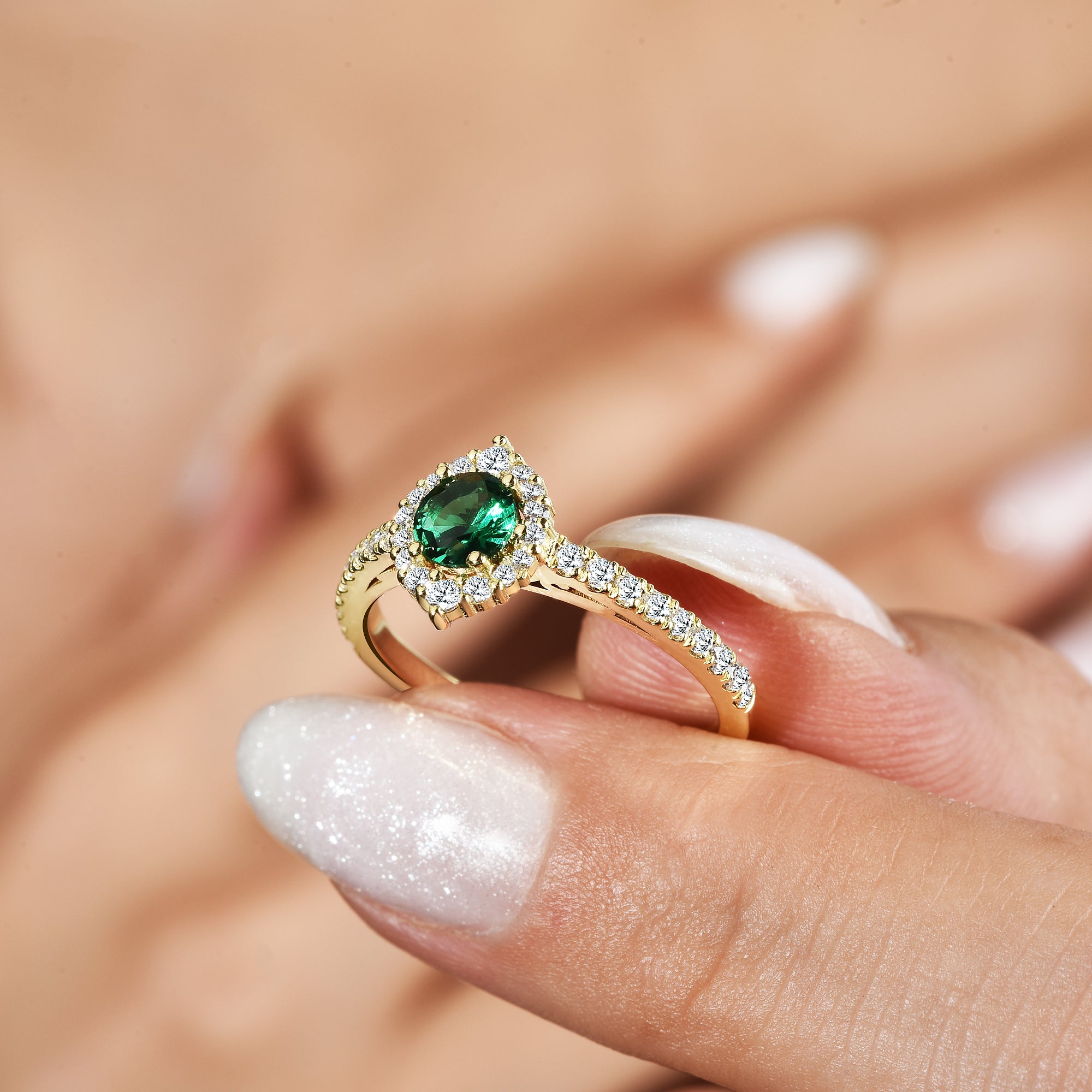 Green Halo Oval Diamond Ring 14K Gold