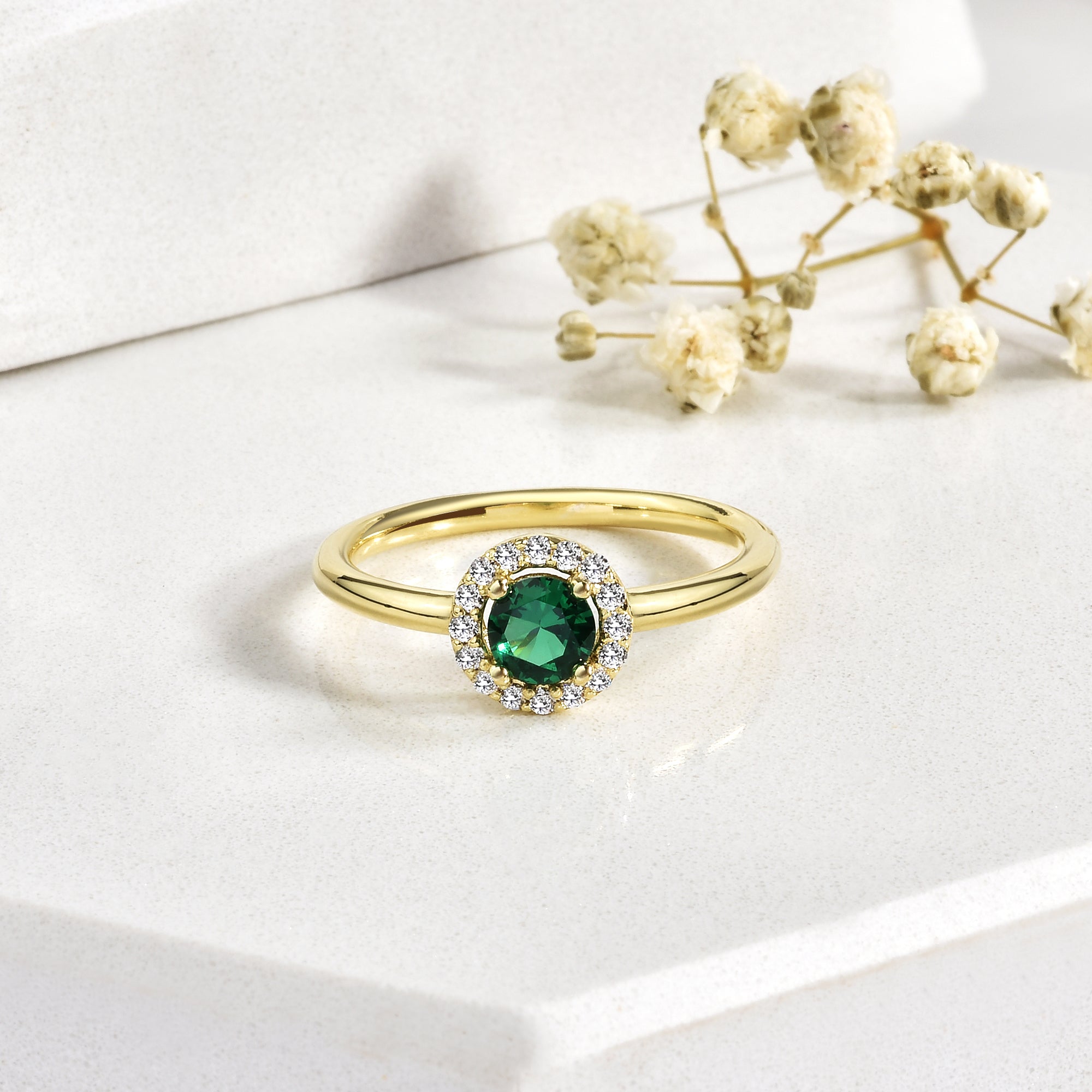 Green Halo Round Diamond Ring 14K Gold
