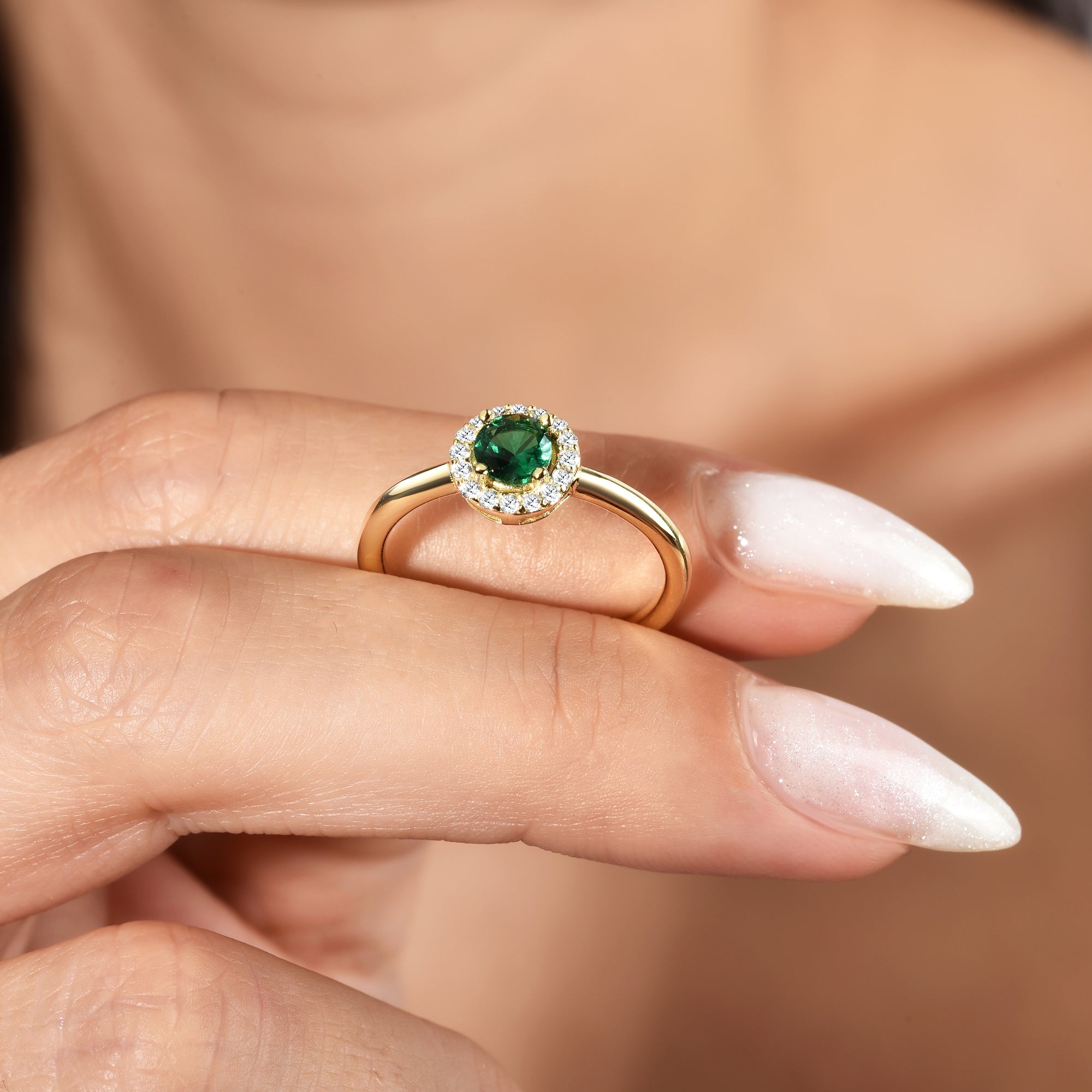 Green Halo Round Diamond Ring 14K Gold