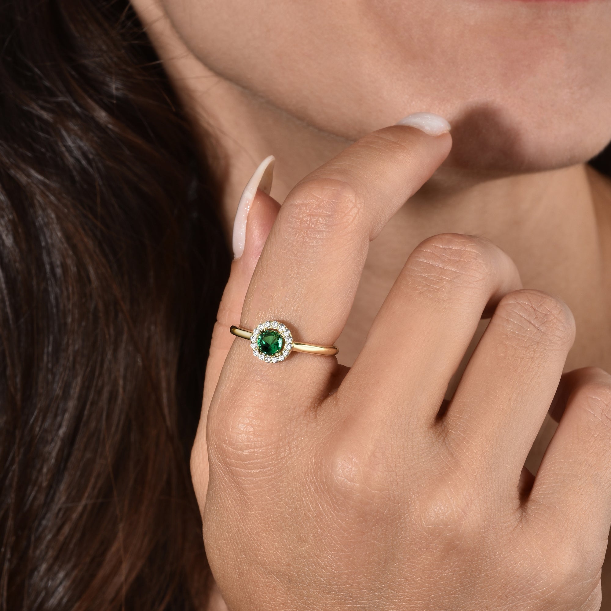 Handmade Green Halo Diamond Ring in 14K Gold