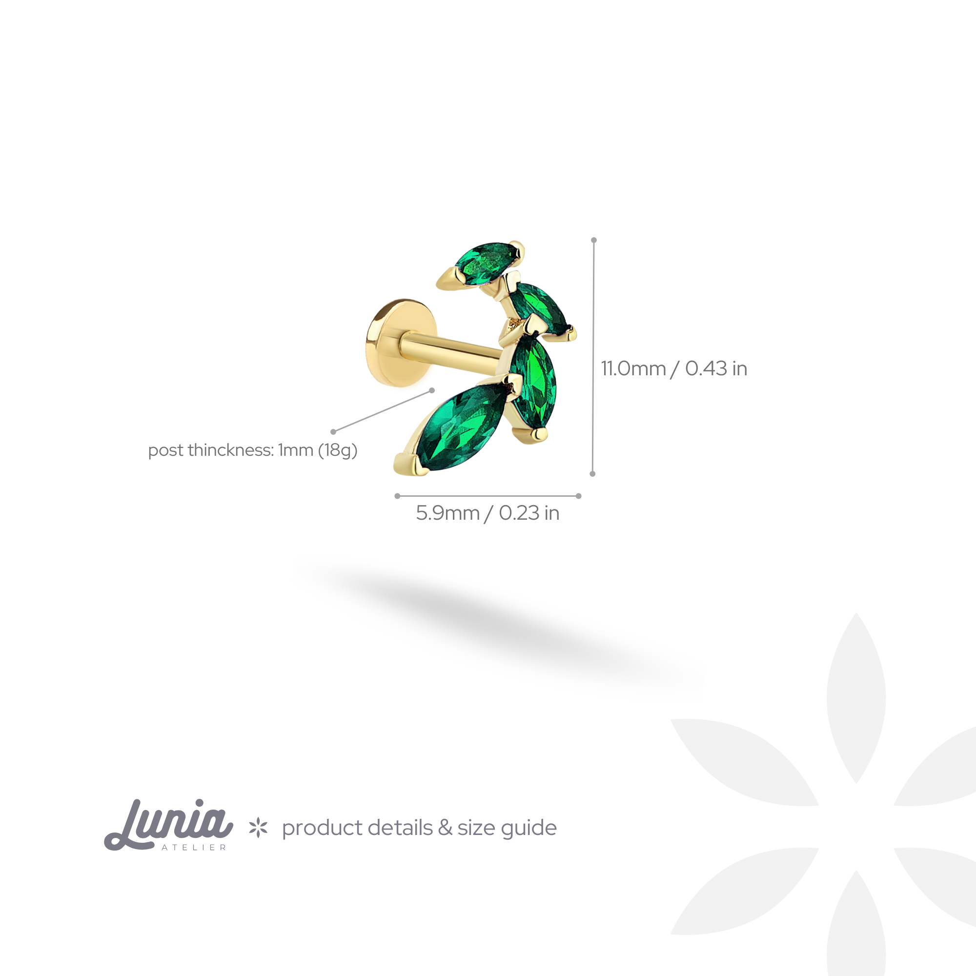 Green Marquise Flatback Ear Piercing 14K Gold with CZ Stone
