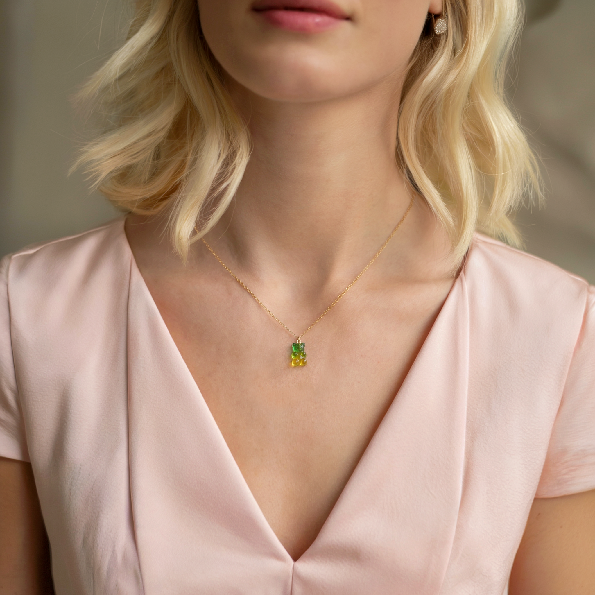 Cute Rainbow Bear Necklace with yellow-green resin gummy bear charm. Playful Friendship Necklace in 14K Gold or Silver with adorable candy inspired pendant.