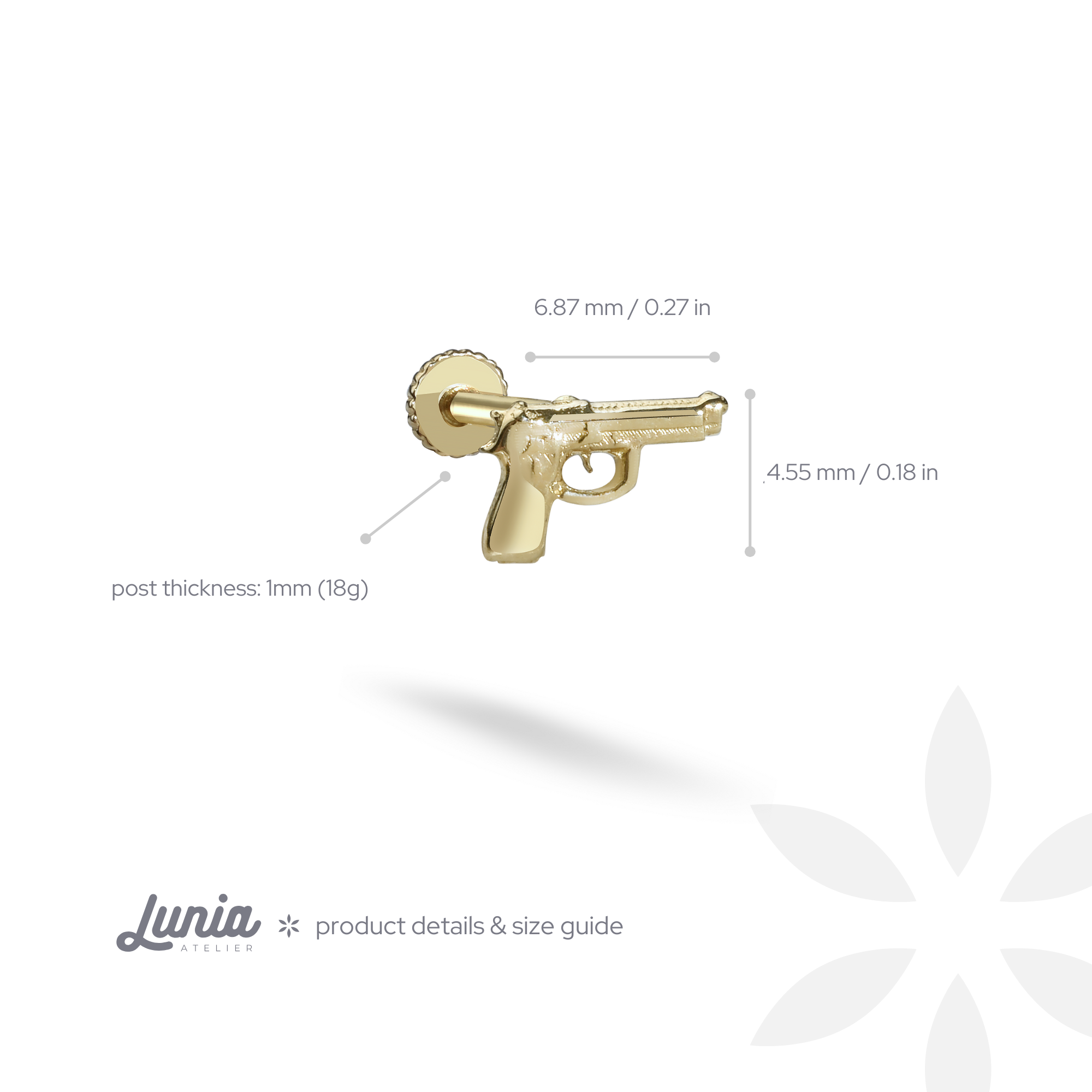 Gun Flatback Ear Piercing 14K Gold