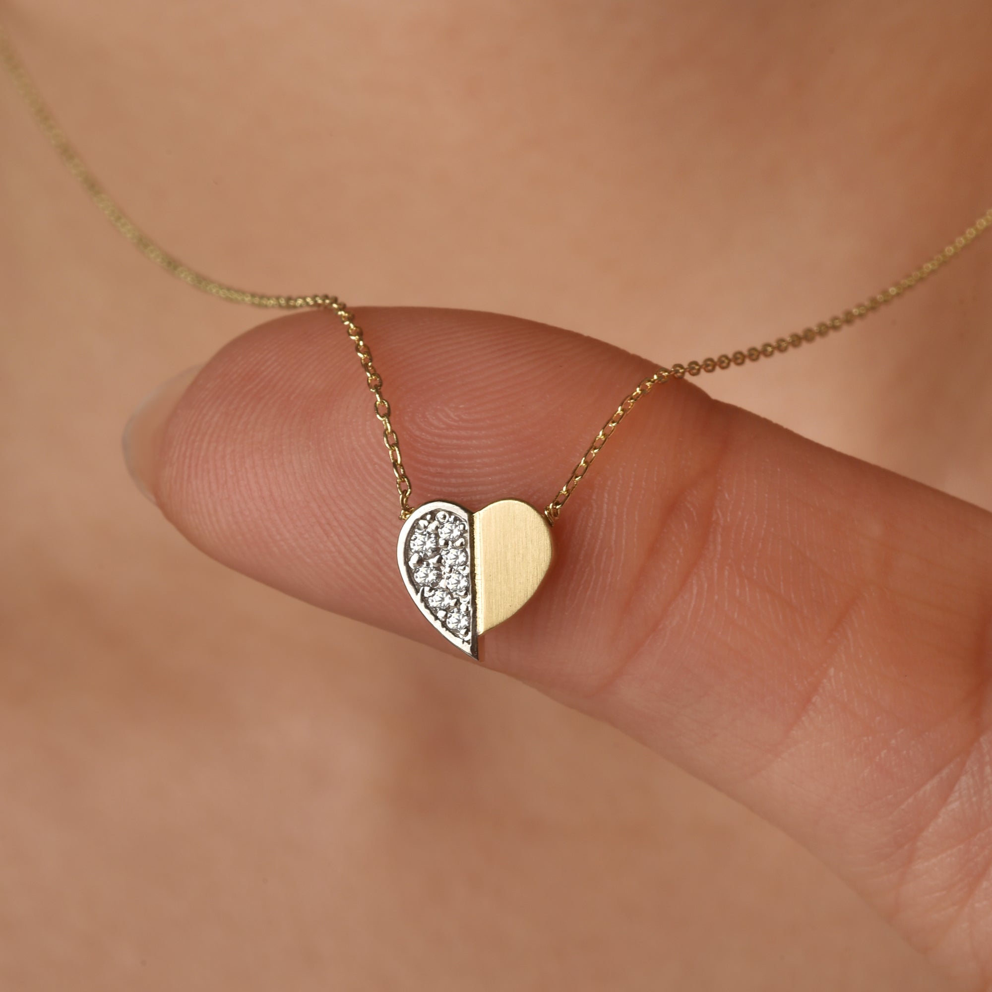 Half Stone Heart Diamond Necklace 14K Gold / Silver