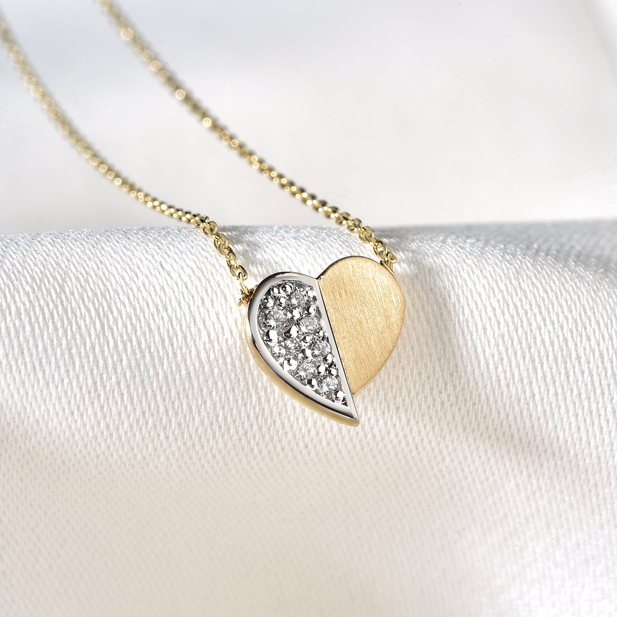Half Stone Heart Diamond Necklace 14K Gold / Silver