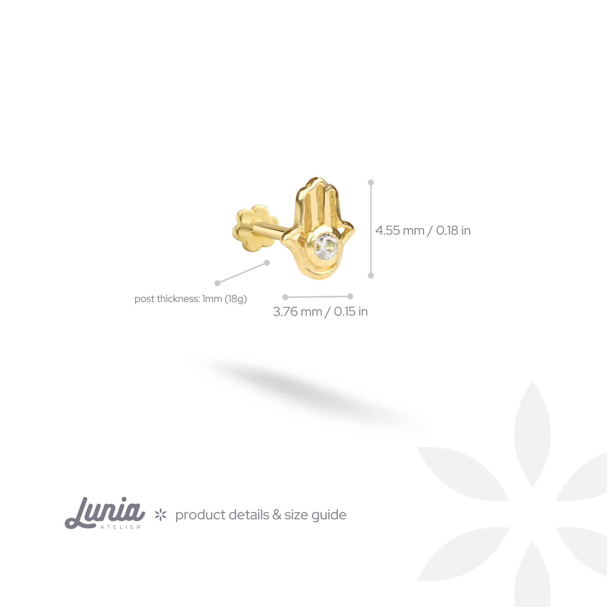 Hamsa Hand Flatback Ear Piercing 14K Gold with CZ Stone