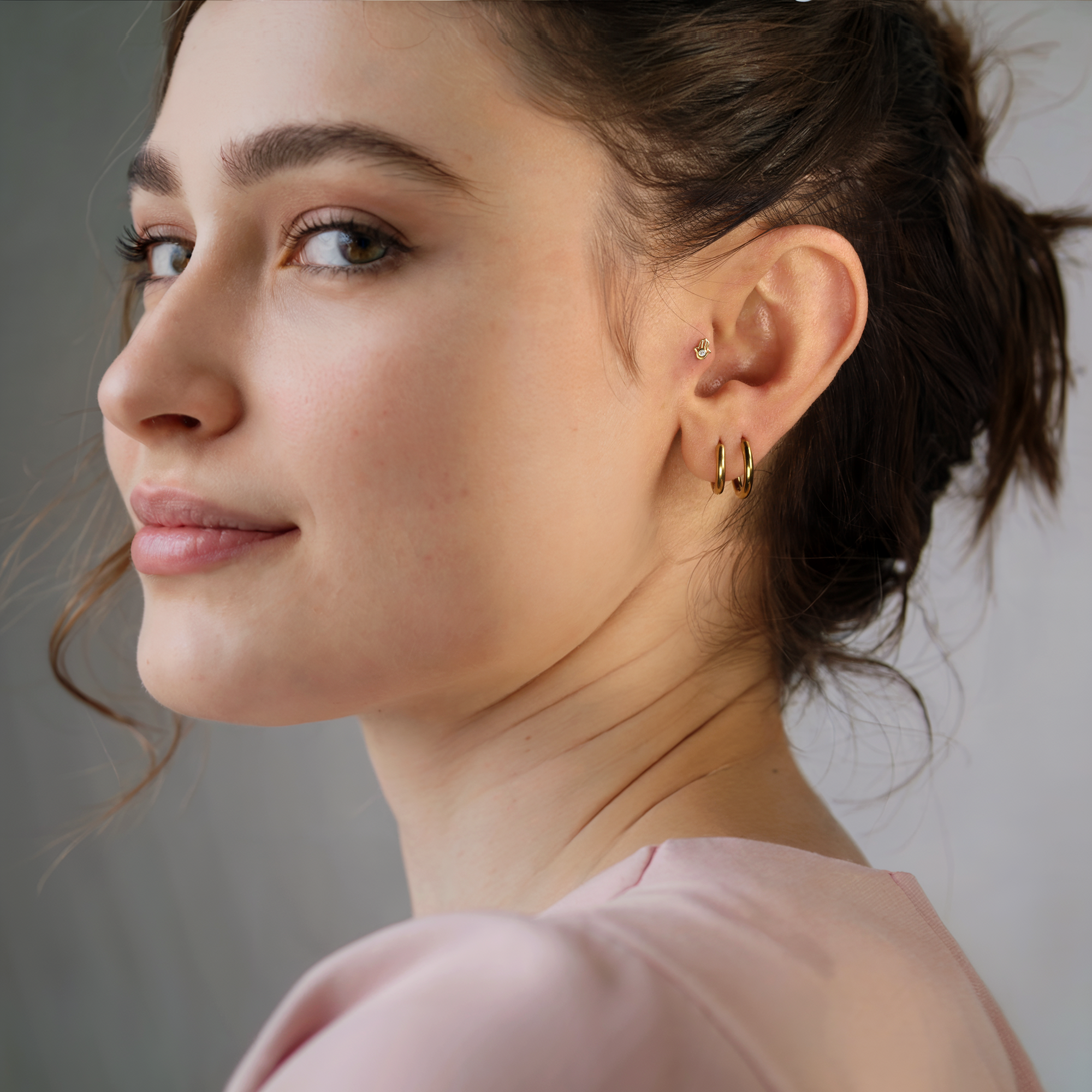 Hamsa Hand Flatback Ear Piercing 14K Gold with CZ Stone