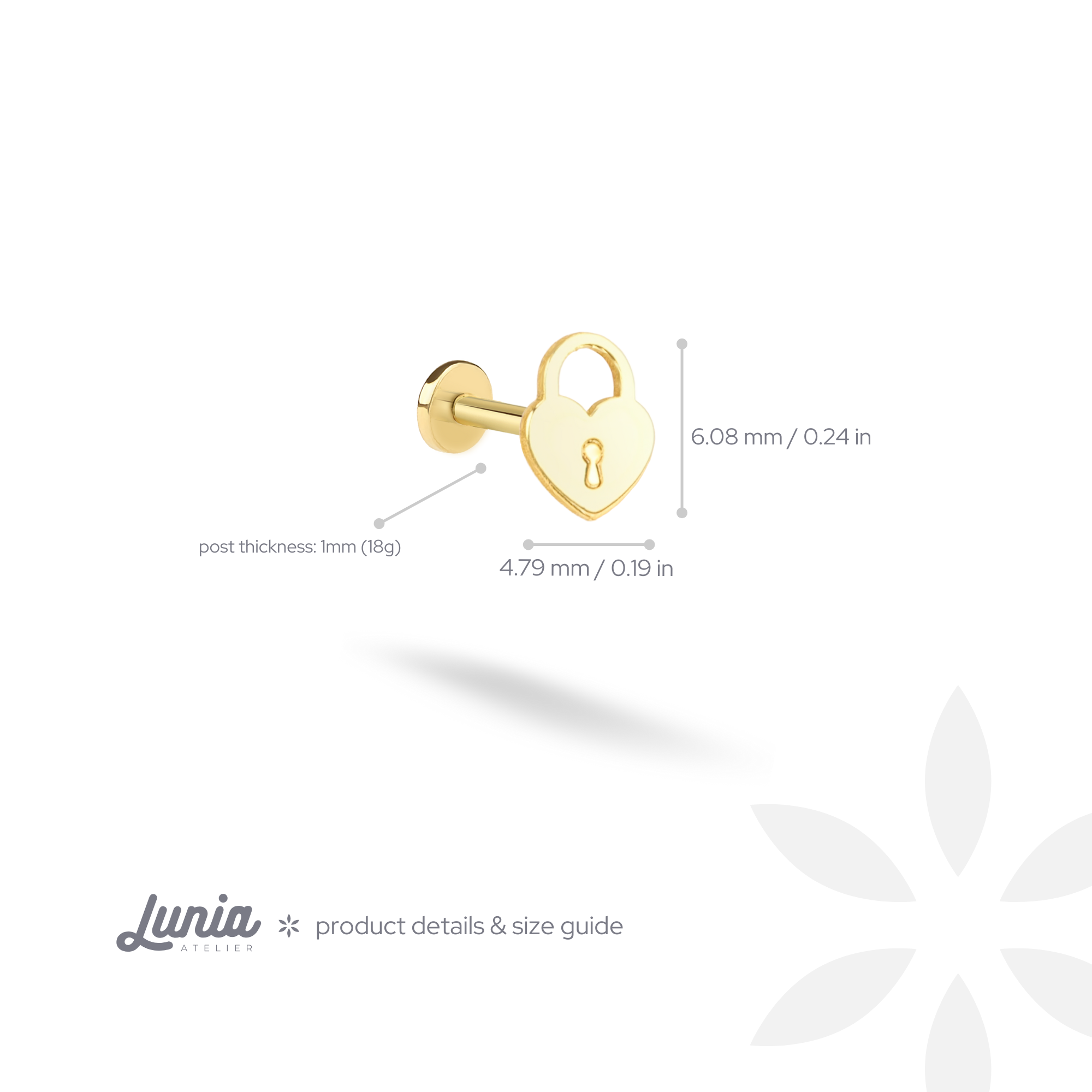 Heart Lock Flatback Ear Piercing 14K Gold