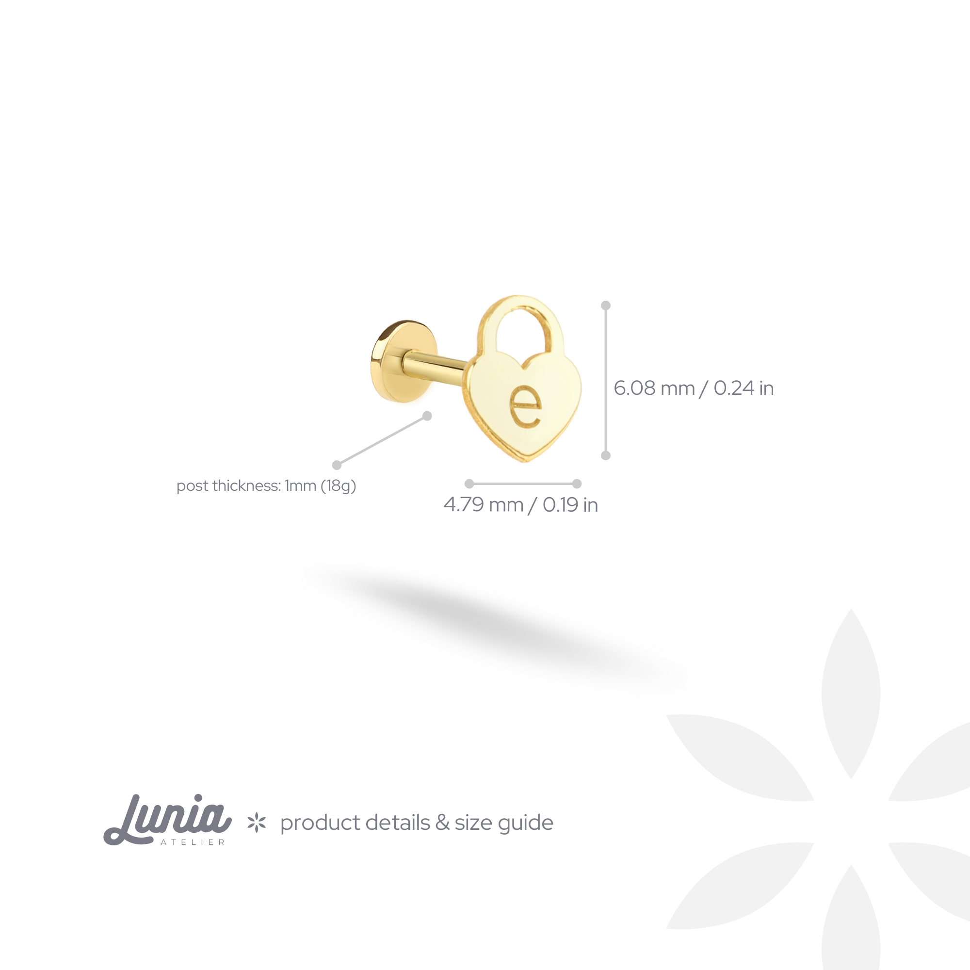 Heart Lock initial Flatback Ear Piercing 14K Gold
