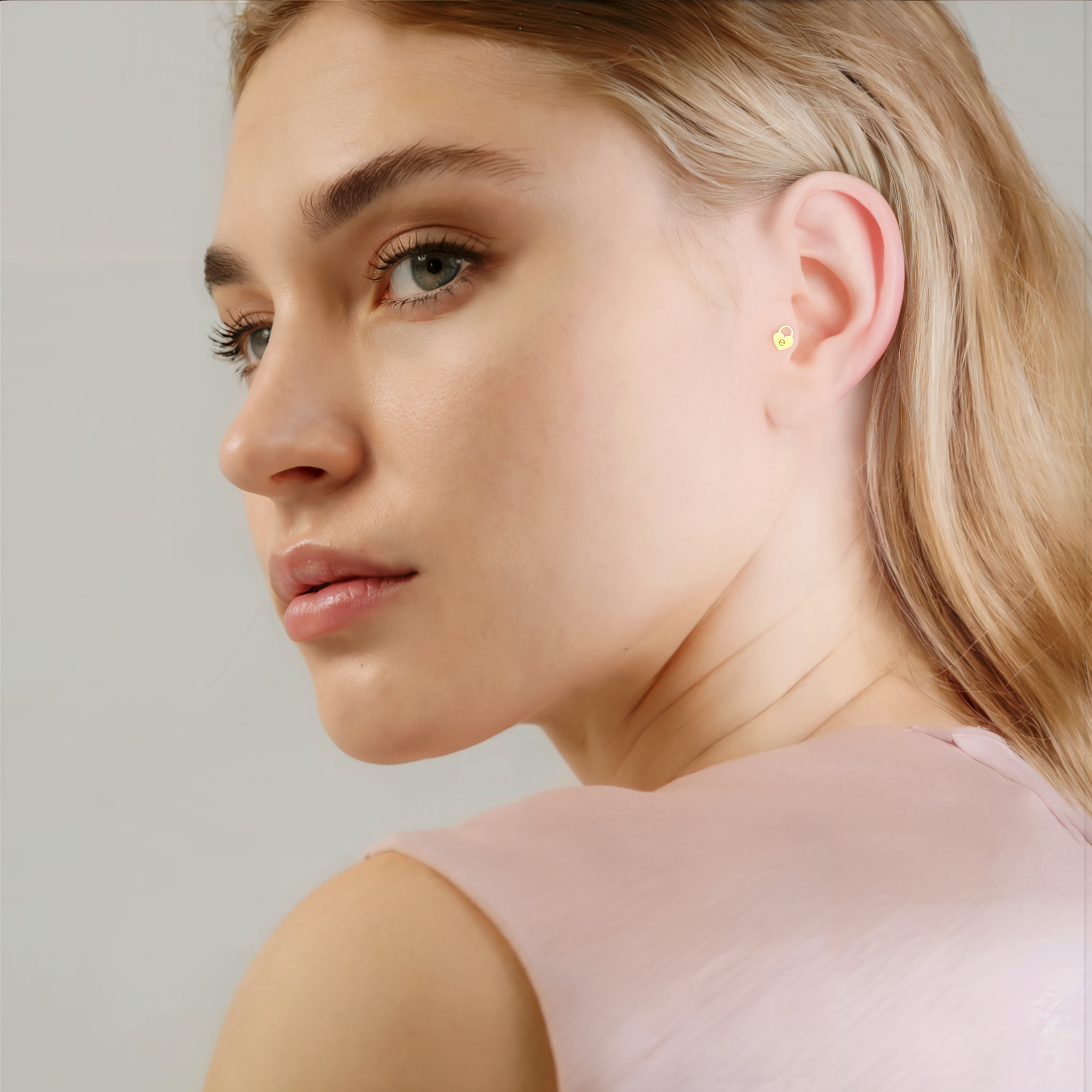 Heart Lock initial Flatback Ear Piercing 14K Gold