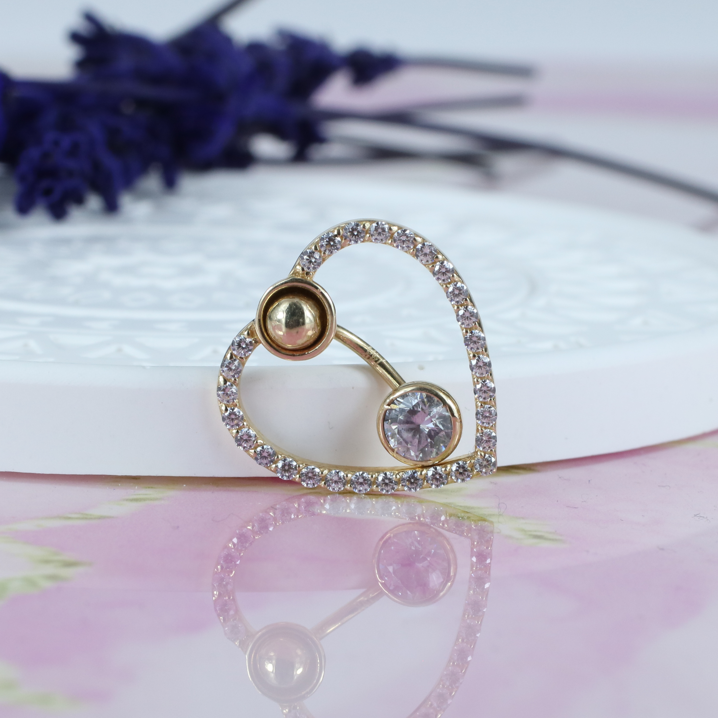 Heart Navel Belly Ring 14K Gold with CZ Stone