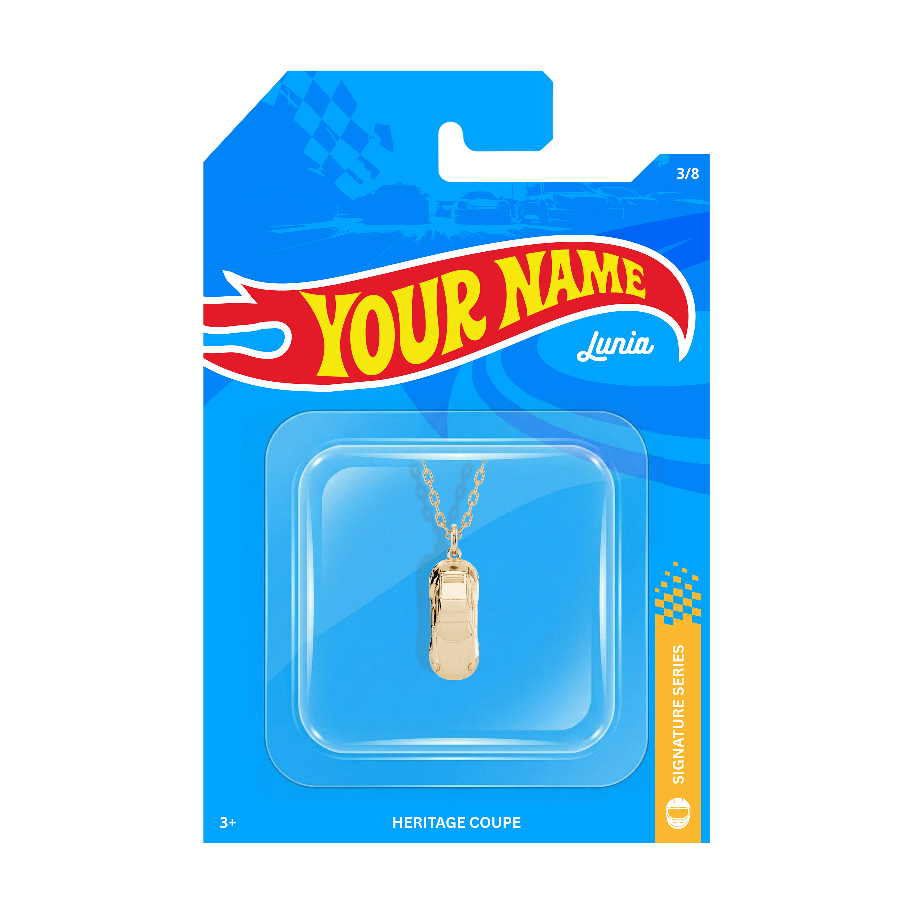 Heritage Coupe Diecast Model Car Necklace 14K Gold Silver nickel free automotive pendant packaging view