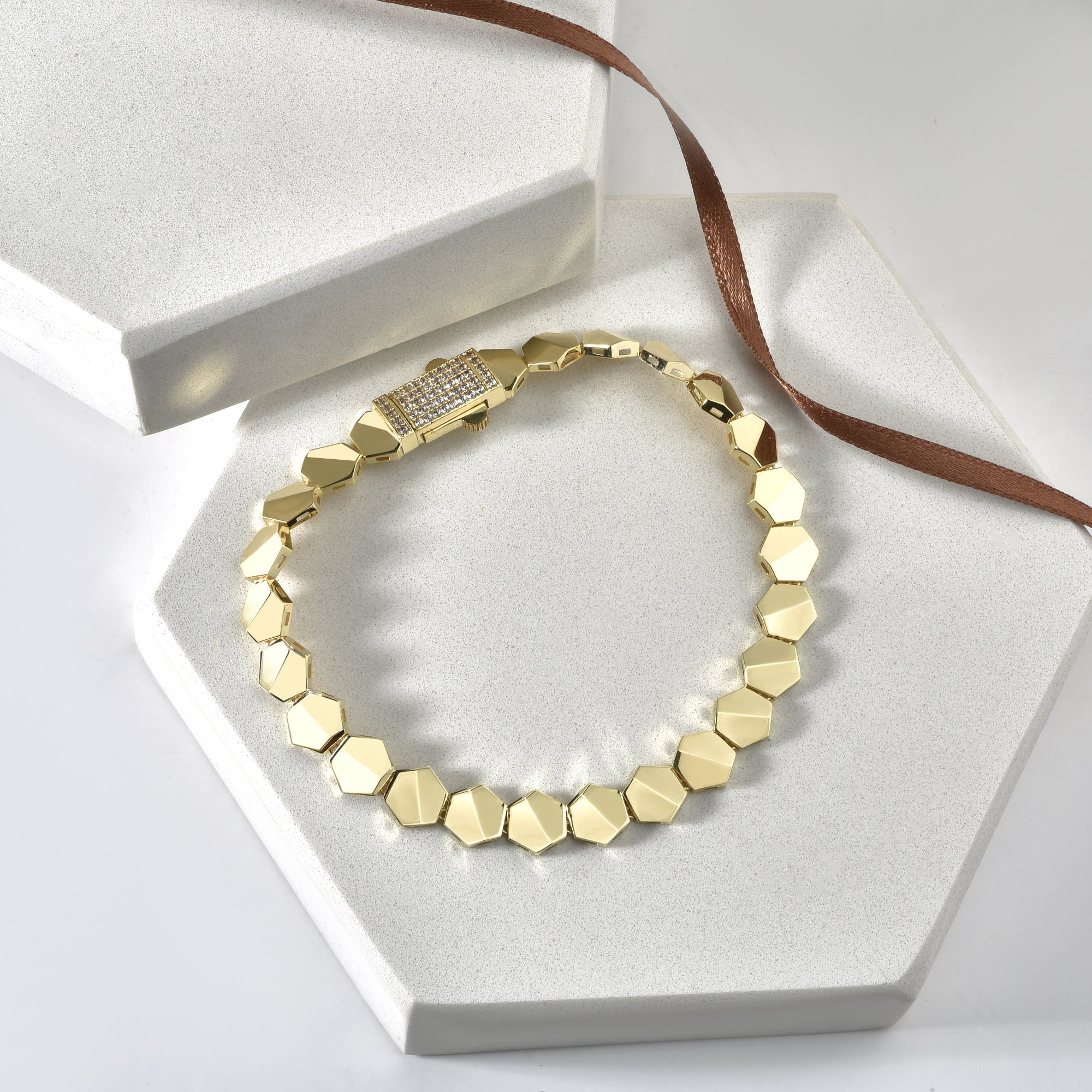 Hexagon Array Stone Bracelet 14K Gold
