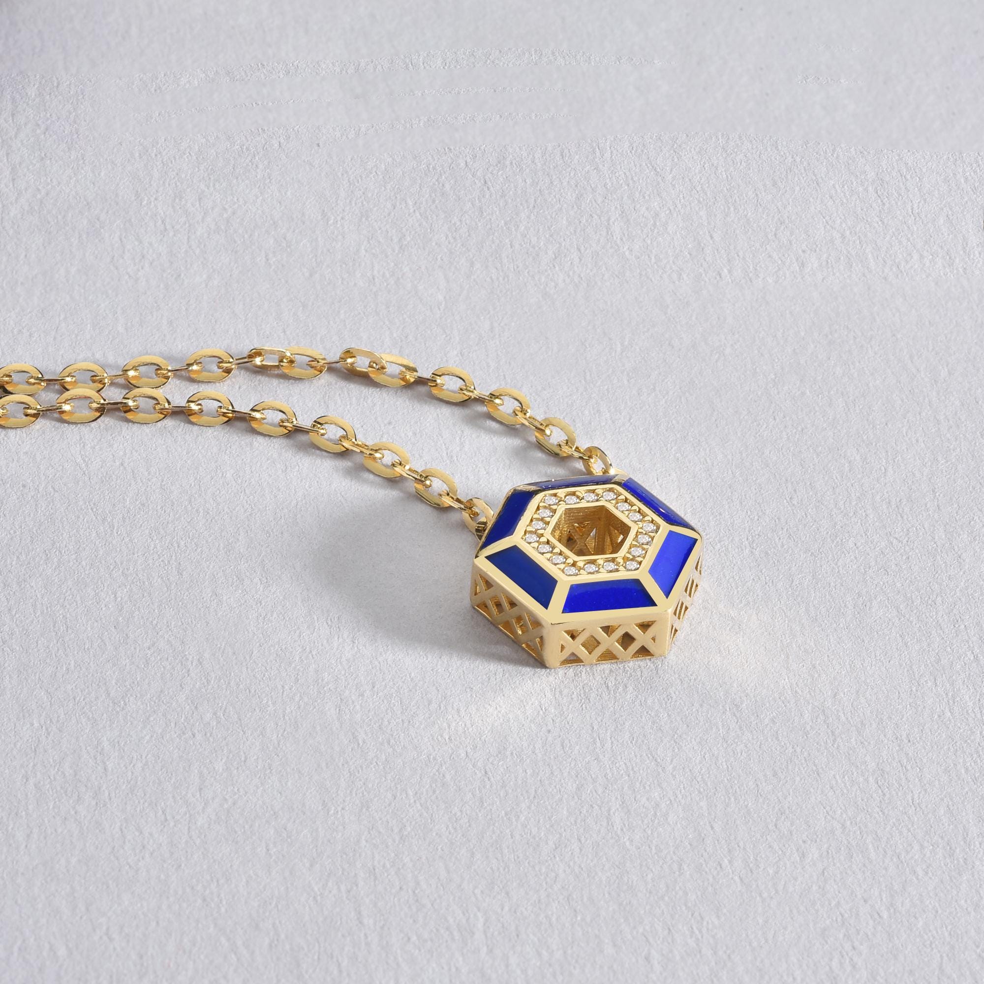 Hexagon Navy Blue Diamond Necklace 14K Gold