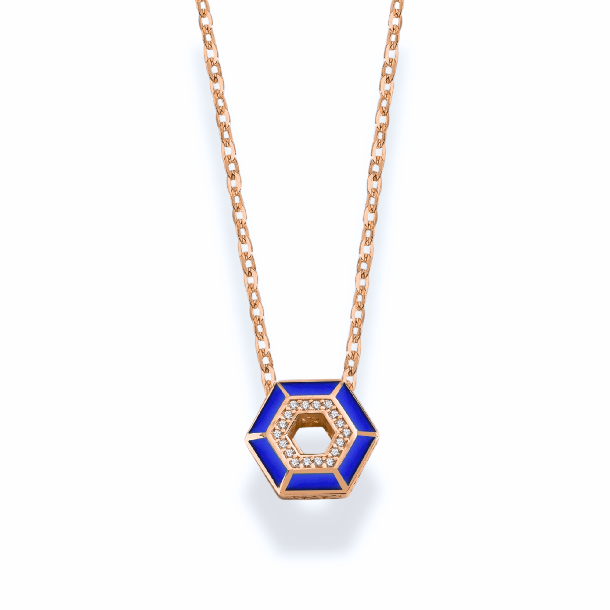 Hexagon Navy Blue Diamond Necklace 14K Gold