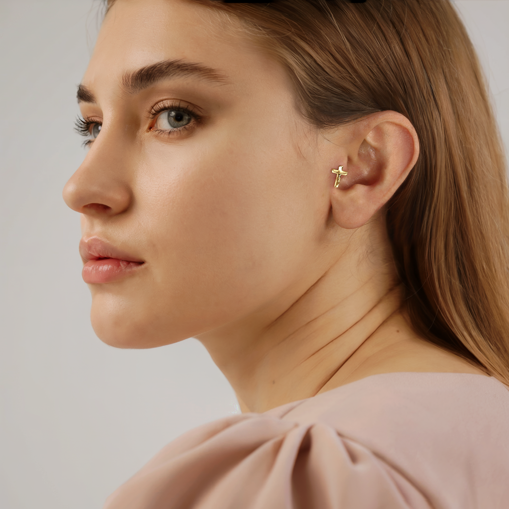 Jesus Holy Cross Flatback Ear Piercing 14K Gold