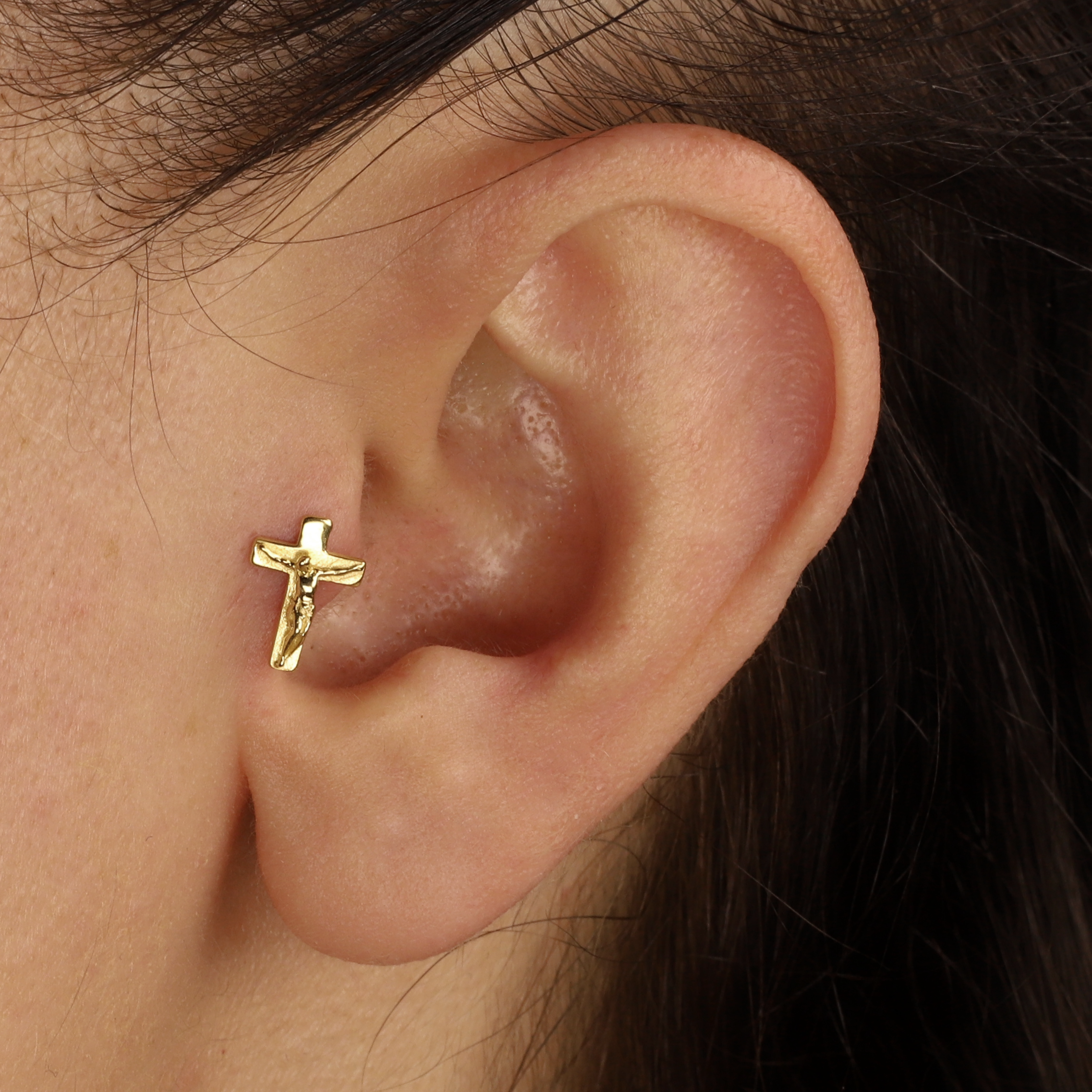 Jesus Holy Cross Flatback Ear Piercing 14K Gold