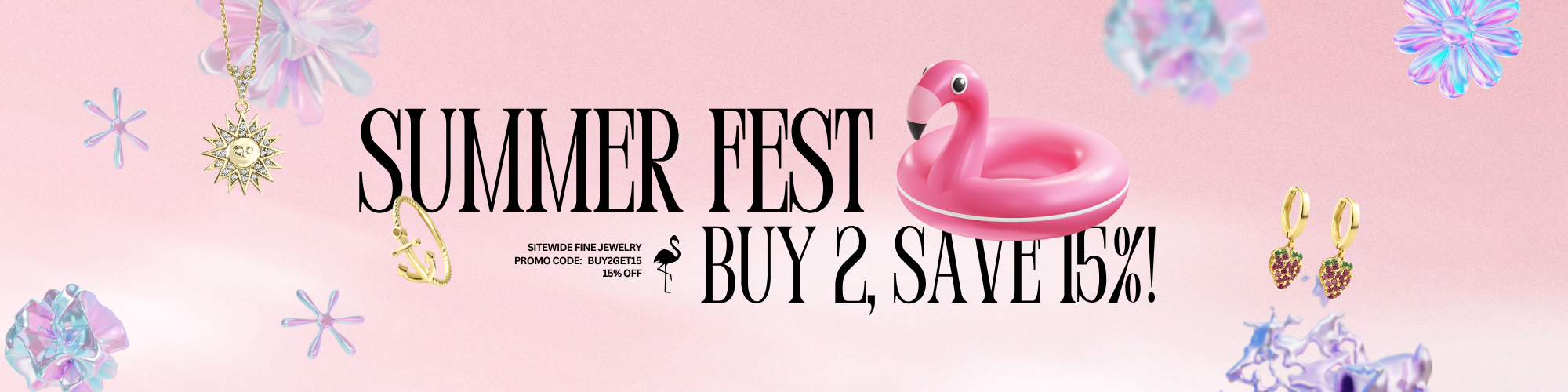 Summer Fest campaign featuring 14K gold rings, earrings, and necklaces with 15% discount offer