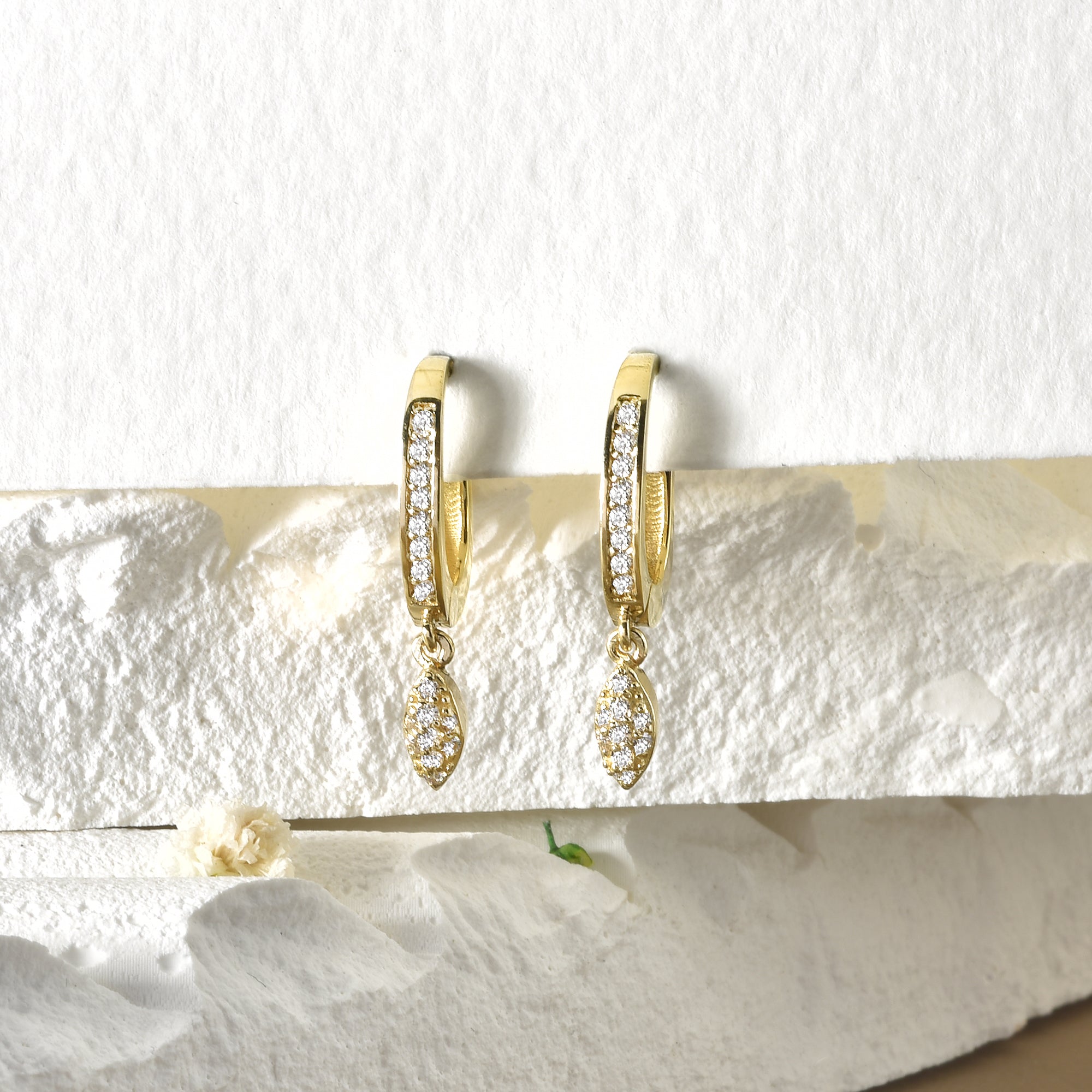 Leaf Hinged Dangle Diamond Hoops Earrings 14K Gold