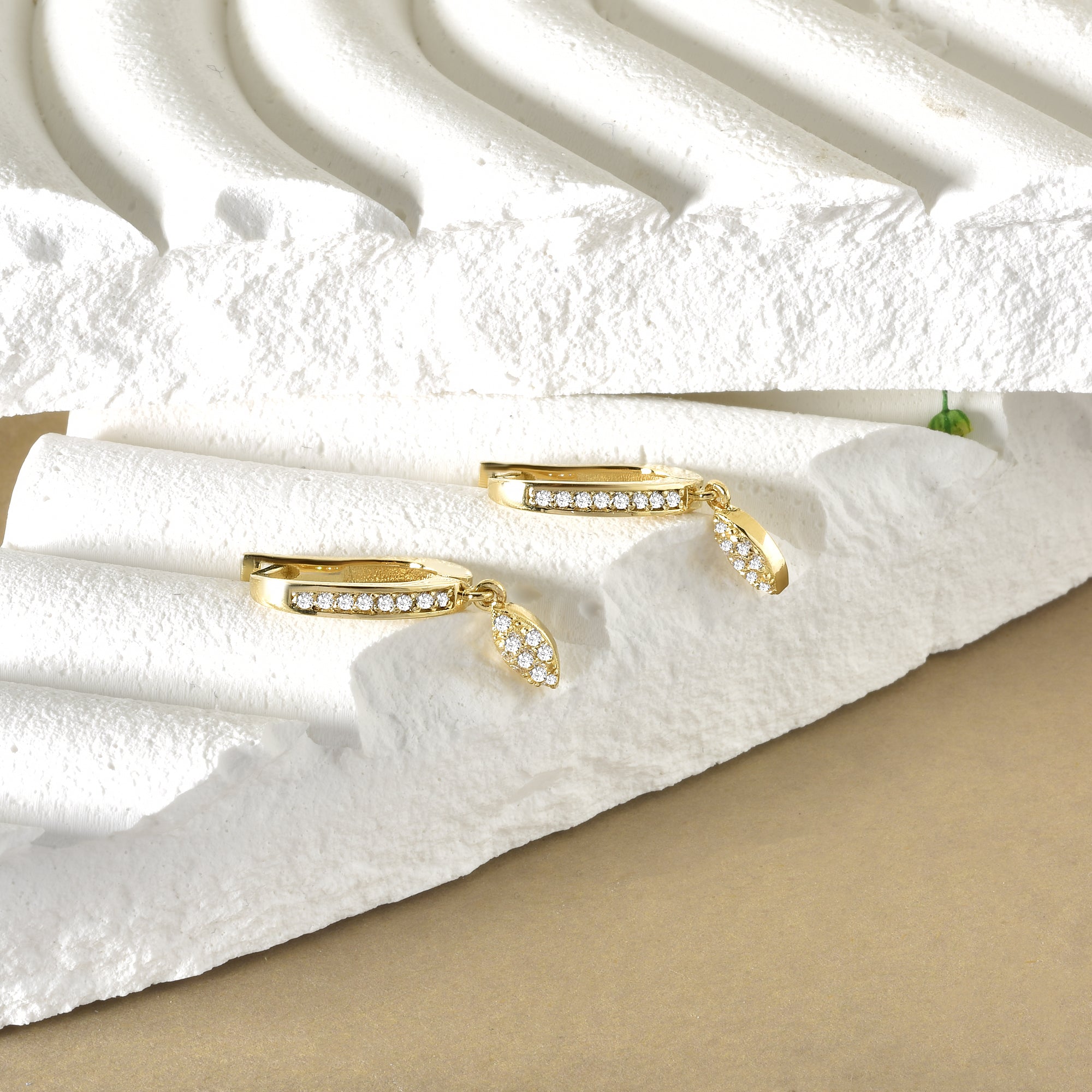 Leaf Hinged Dangle Diamond Hoops Earrings 14K Gold