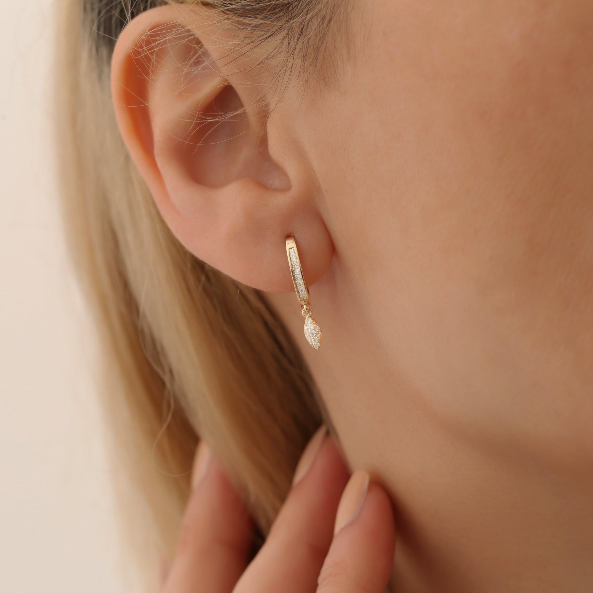 Leaf Hinged Dangle Diamond Hoops Earrings 14K Gold