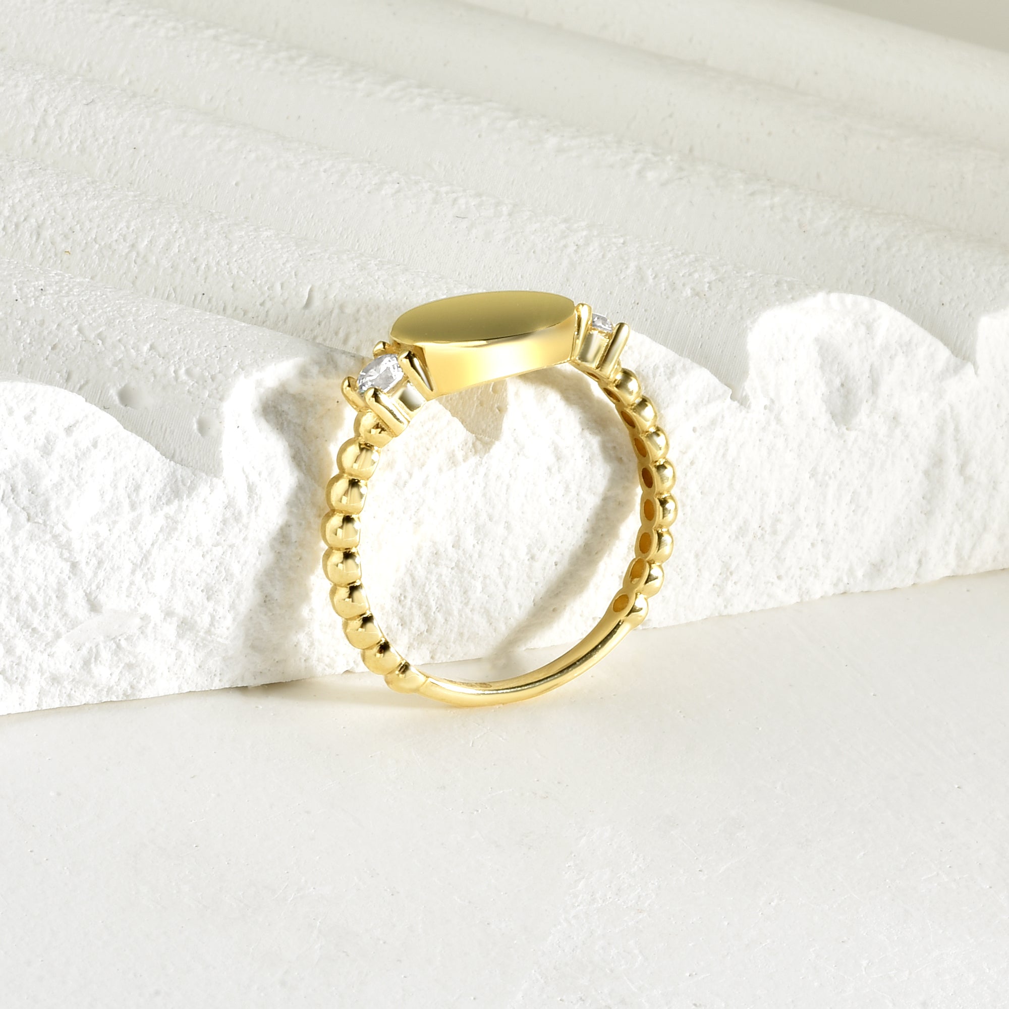 Letter Detail Diamond Stone Custom Ring 14K Gold