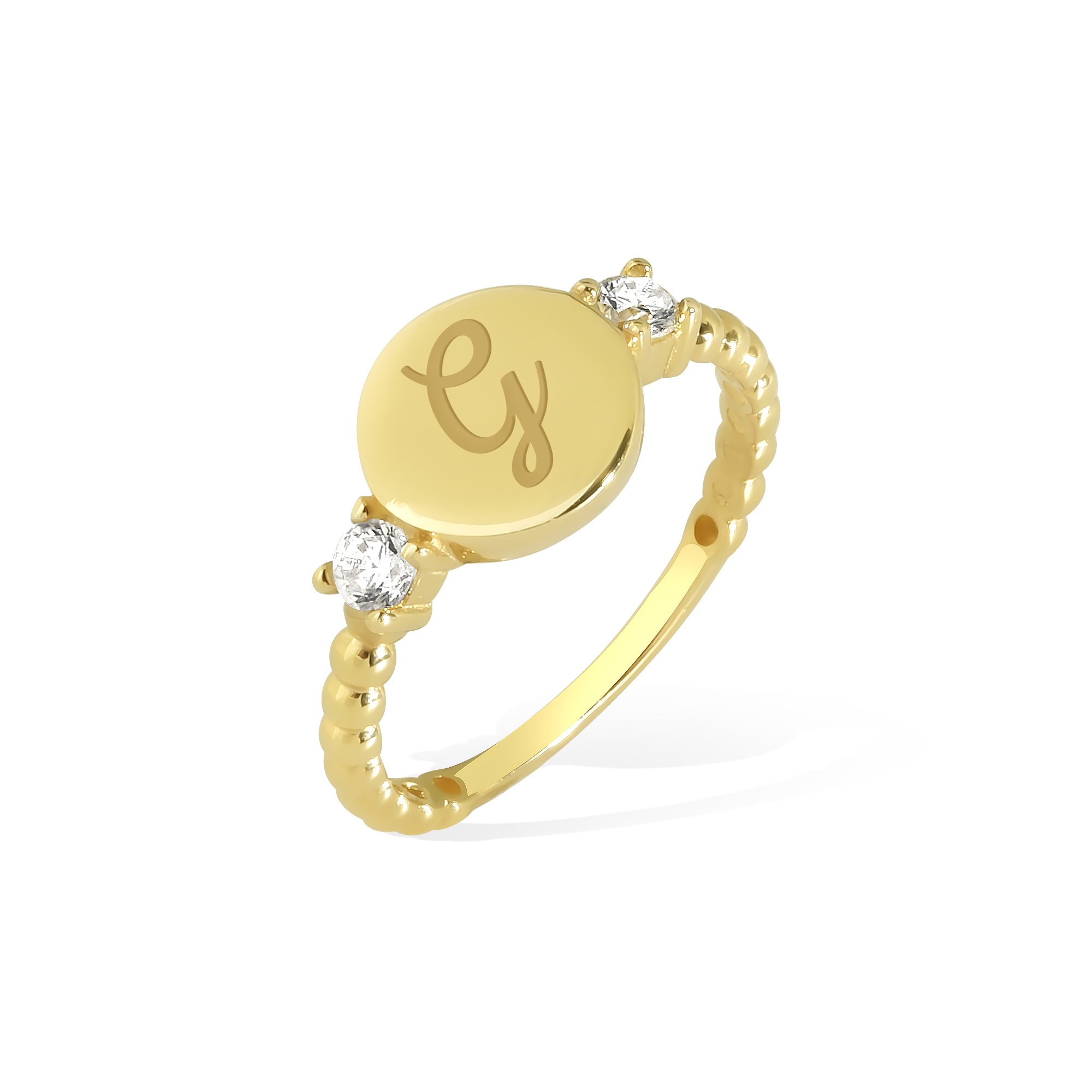 Letter Detail Diamond Stone Ring 14K Gold