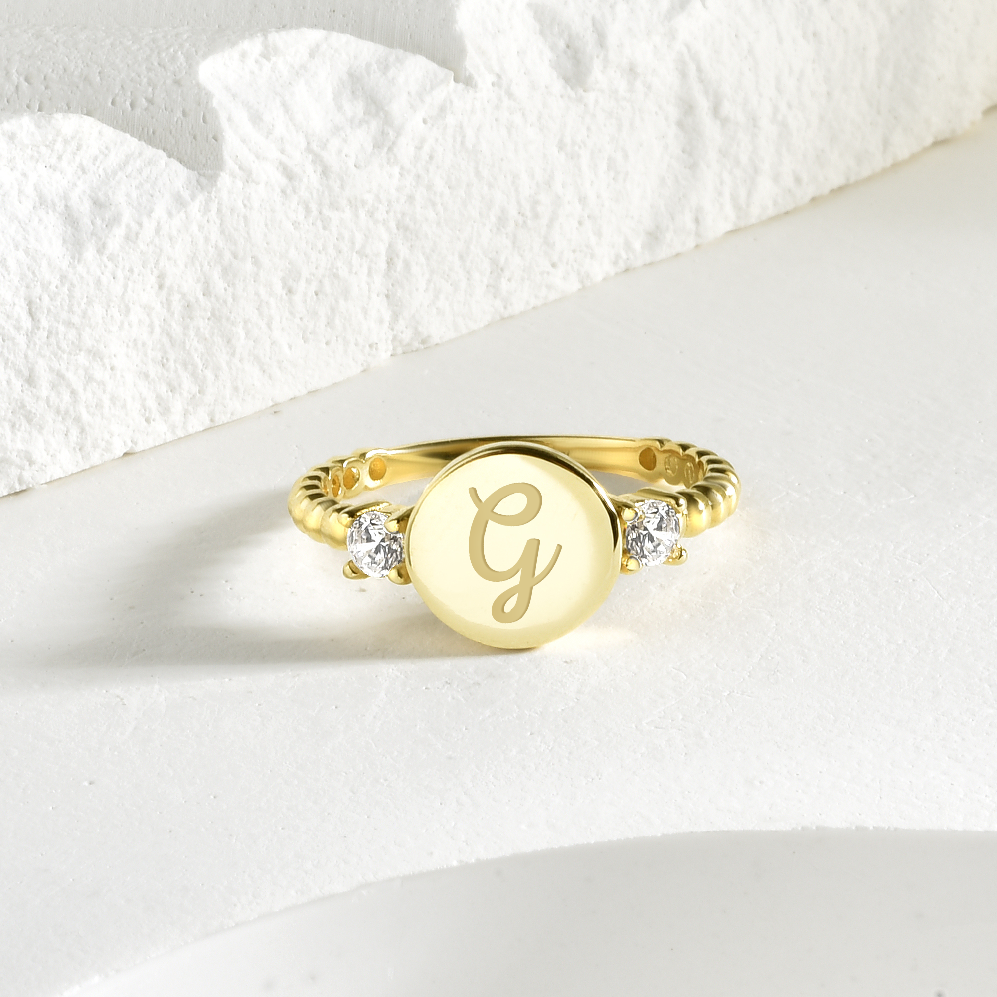 Letter Detail Diamond Stone Custom Ring 14K Gold