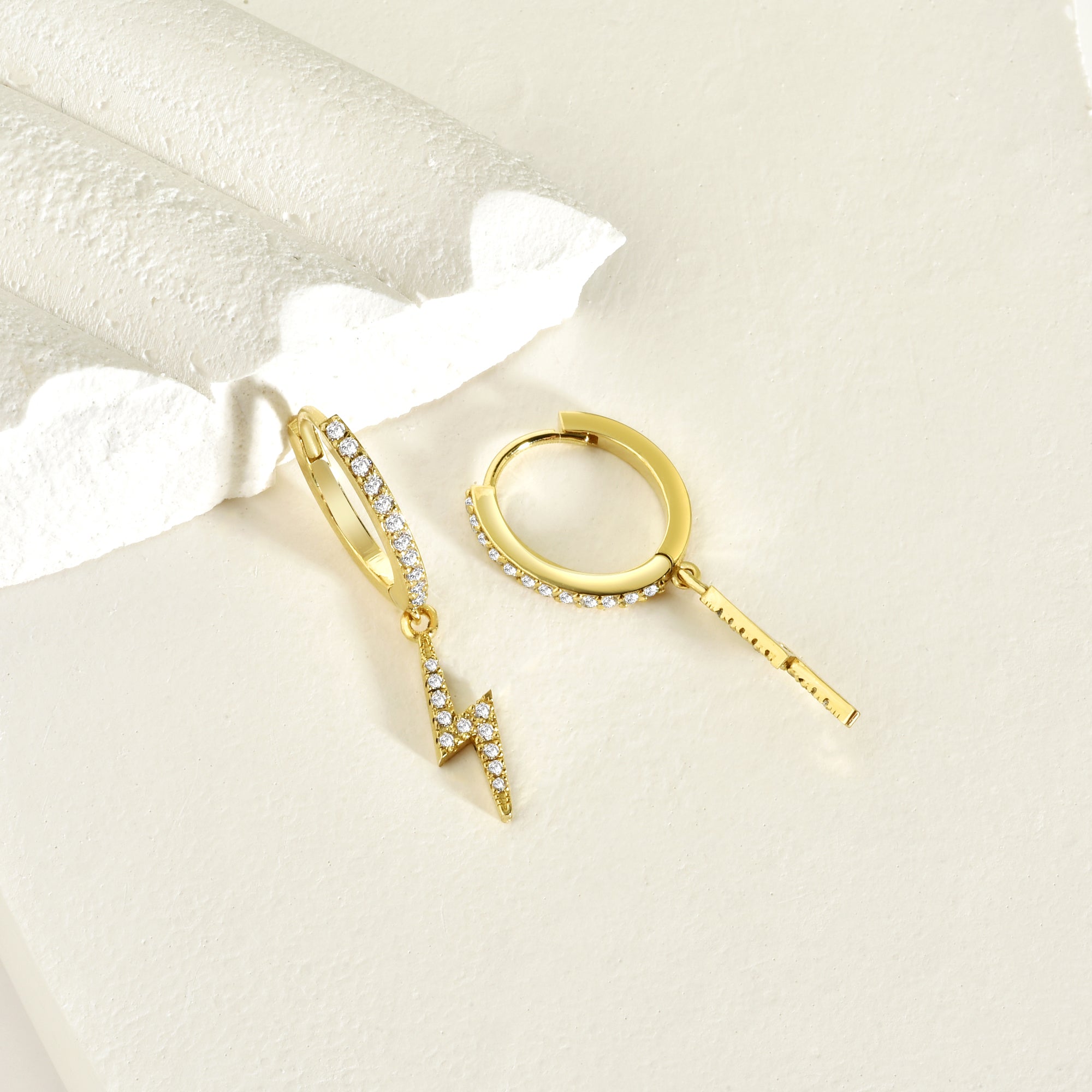Lightning Dangle Diamond Hoops Earrings 14K Gold