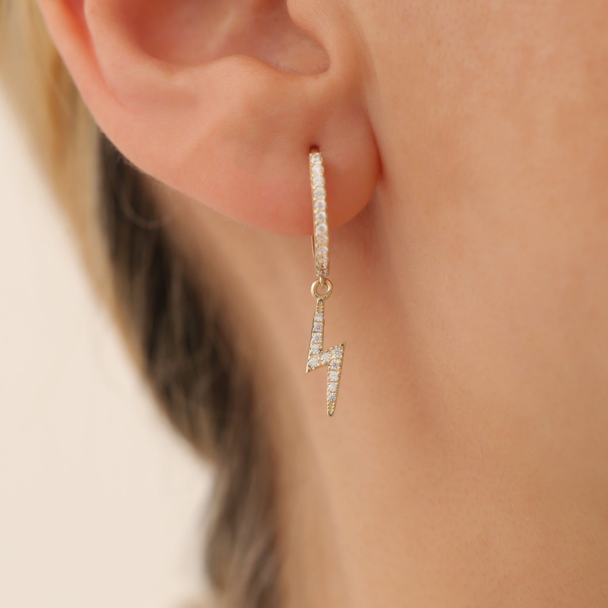 Lightning Dangle Diamond Hoops Earrings 14K Gold