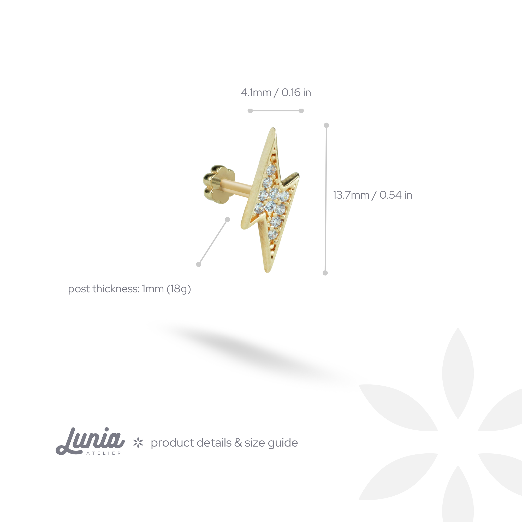 Lightning Flatback Ear Piercing 14K Gold with CZ Stone