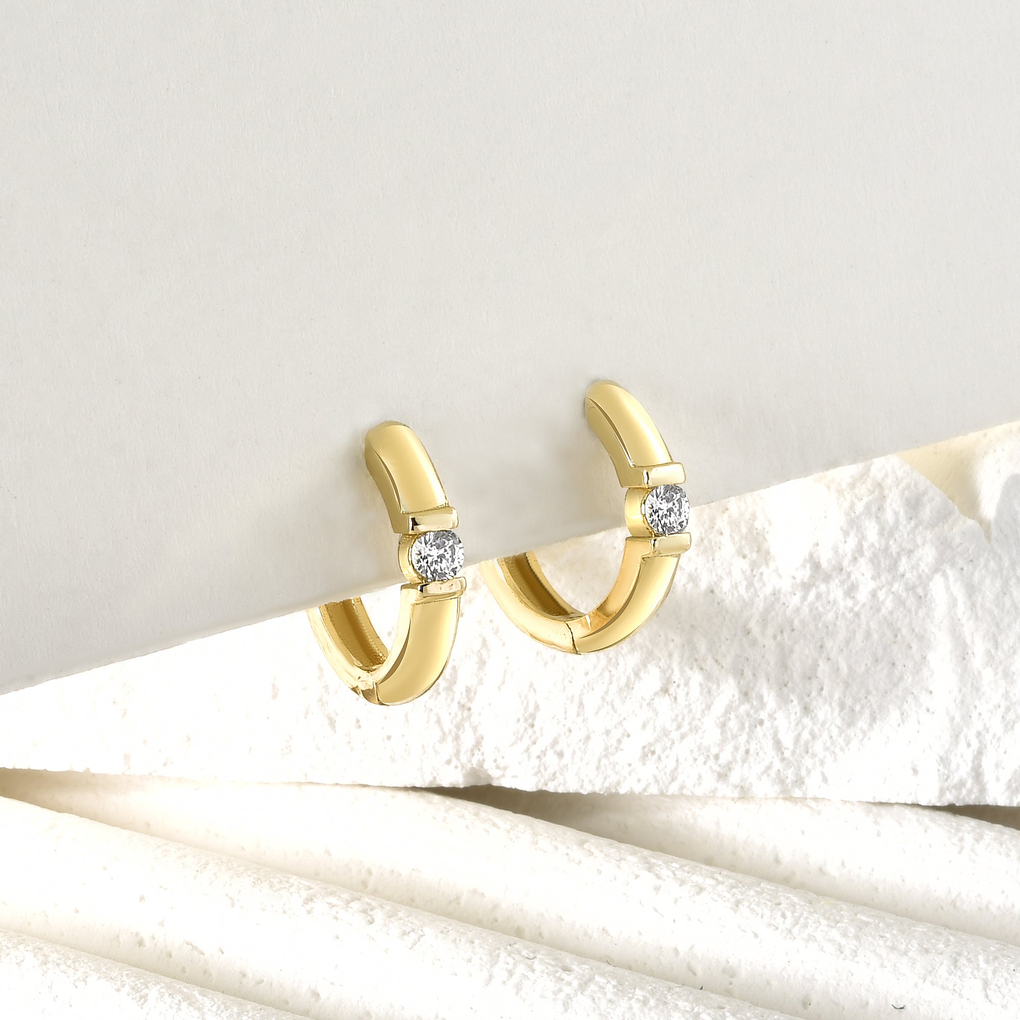 Mini Stone Huggie Diamond Hoops Earrings 14K Gold