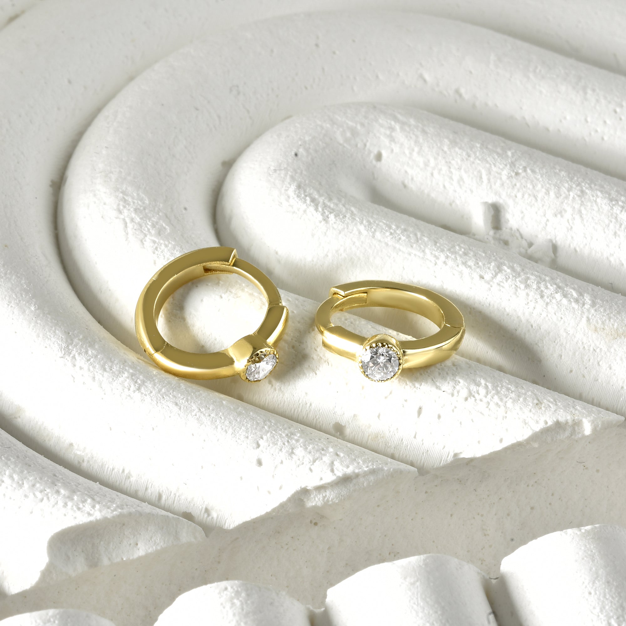 Mini Stone Huggie Diamond Hoops Earrings 14K Gold