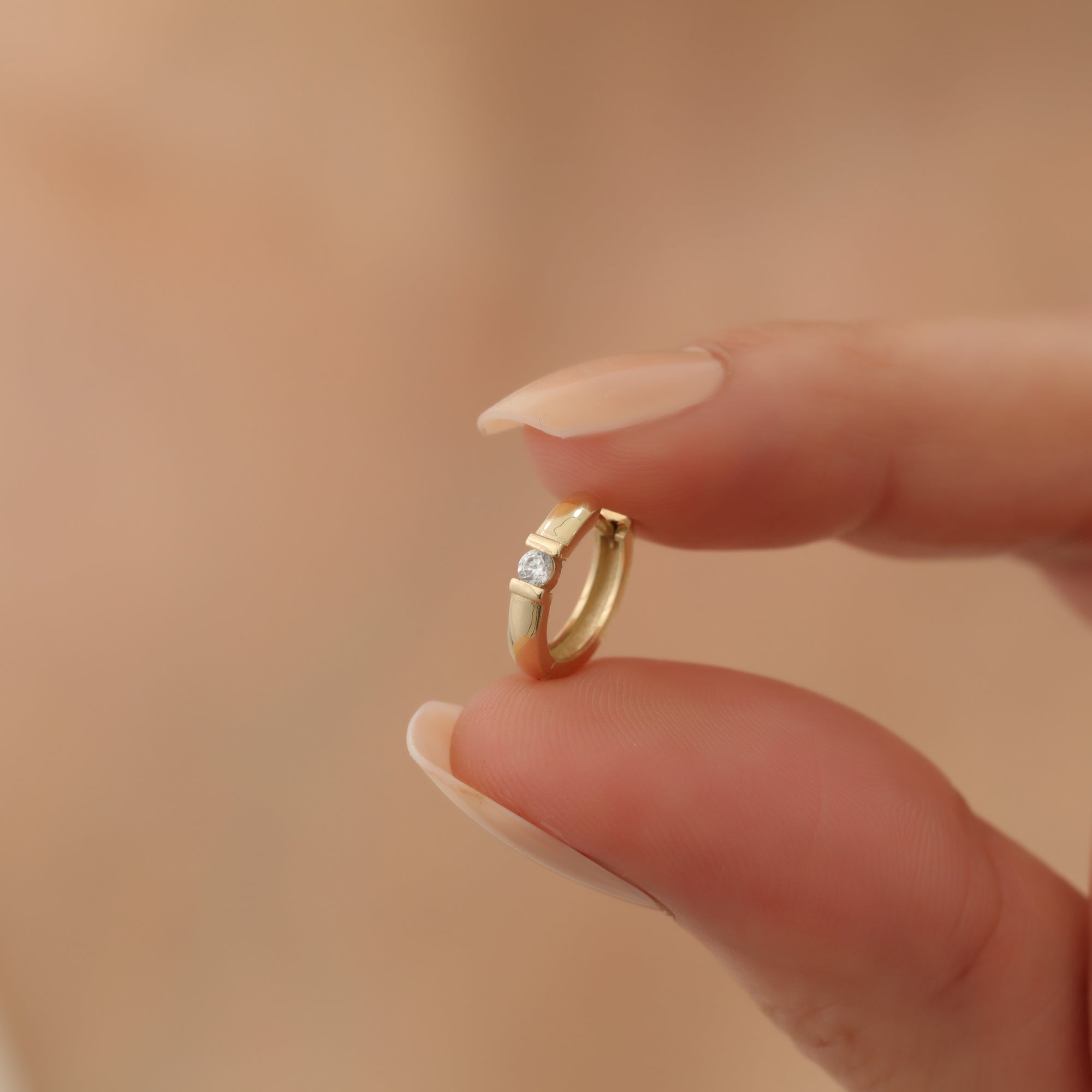 Mini Stone Huggie Diamond Hoops Earrings 14K Gold