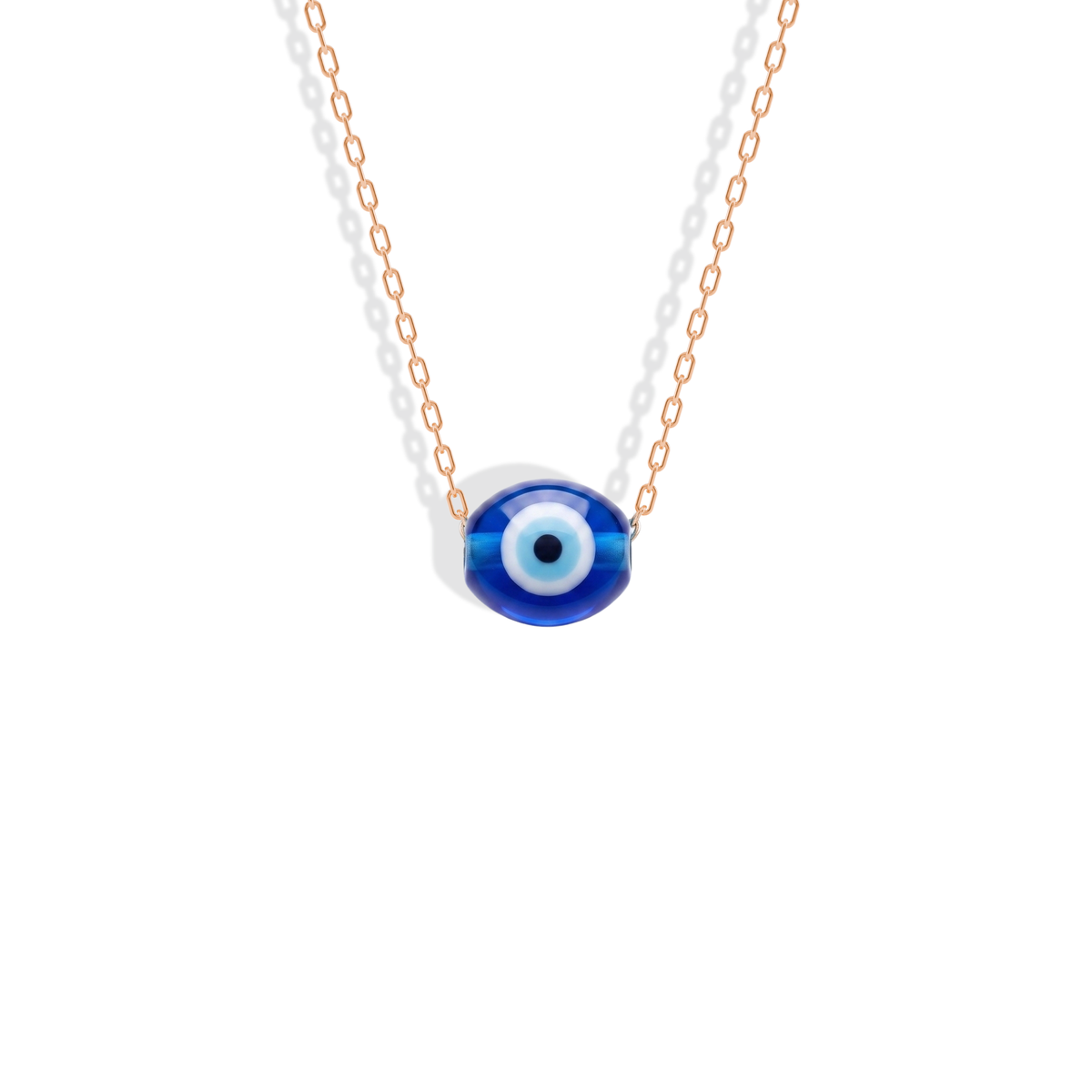 Rose gold chain adds a soft warm frame around the concentric blue eye