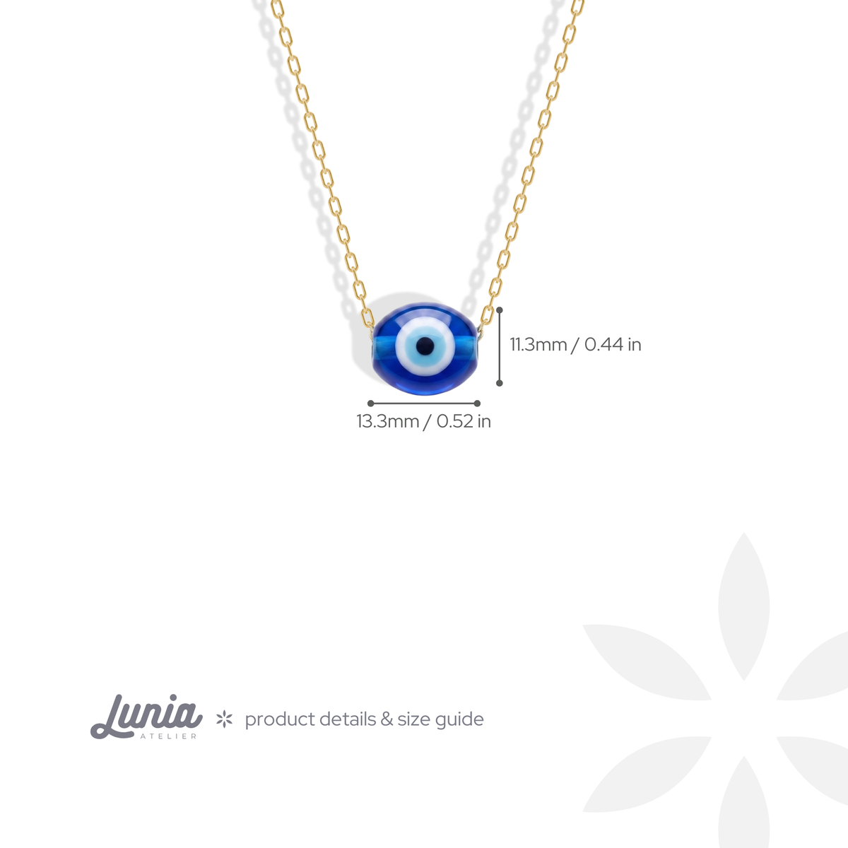 Oval evil eye size is 13.3 mm wide and 11.3 mm high