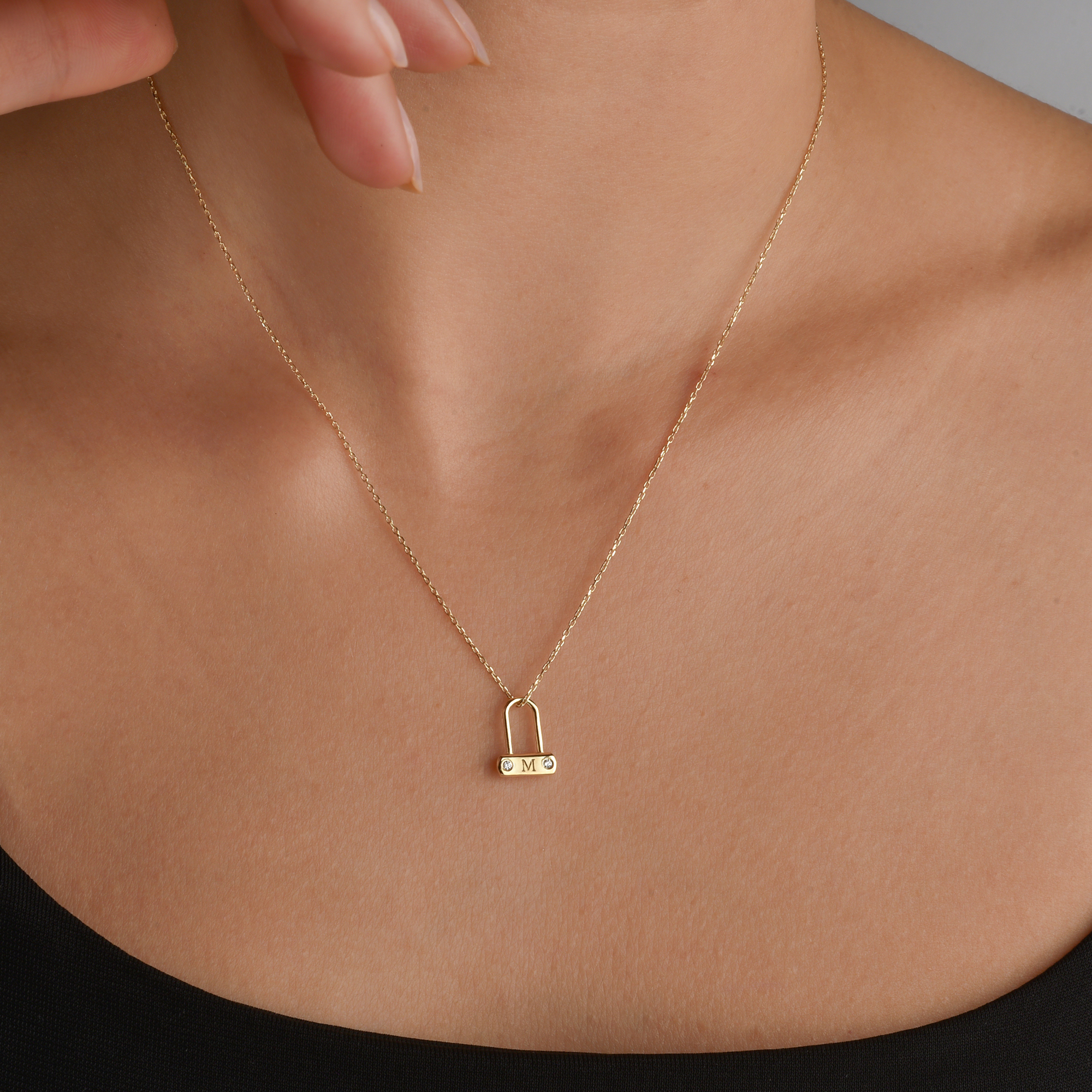 Minimal Stone Lock Initial Letter Custom Necklace 14K Gold / Silver custom padlock necklace with stone lock charm and initial letter