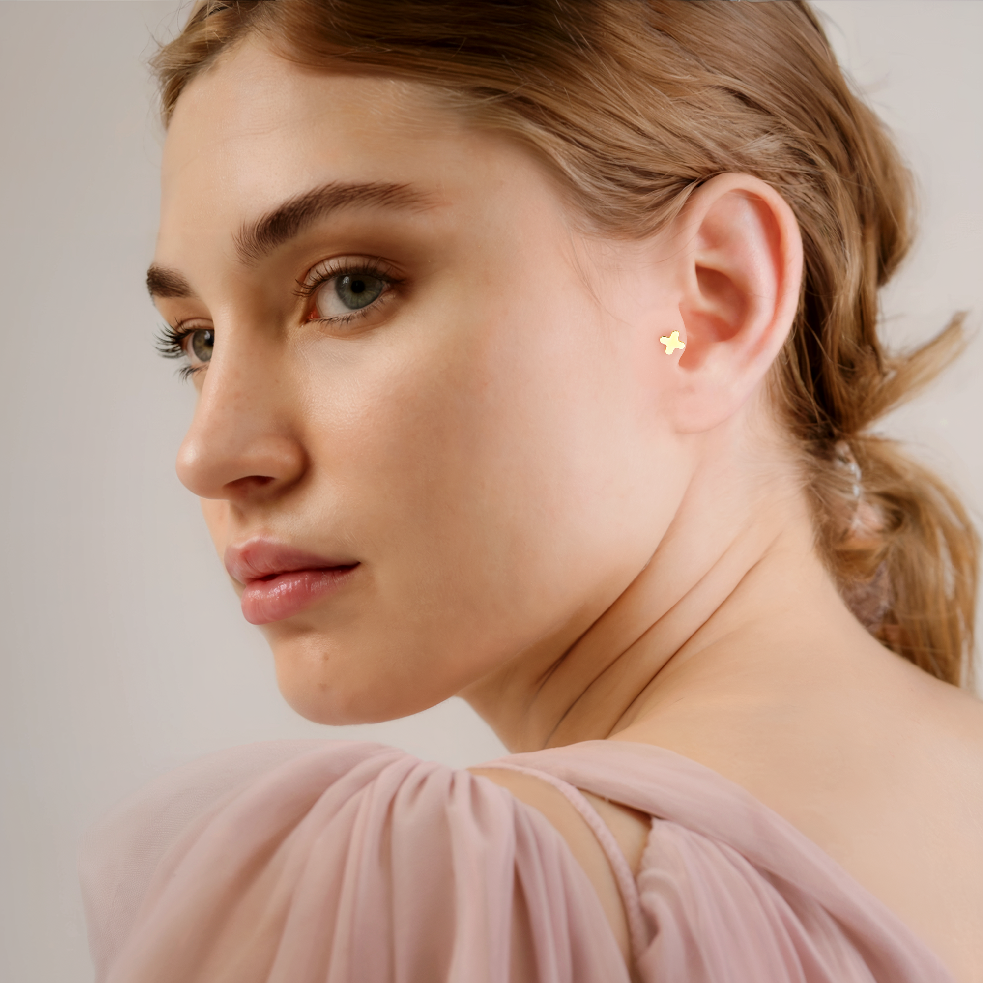 Minimalist Cross Flatback Ear Piercing 14K Gold