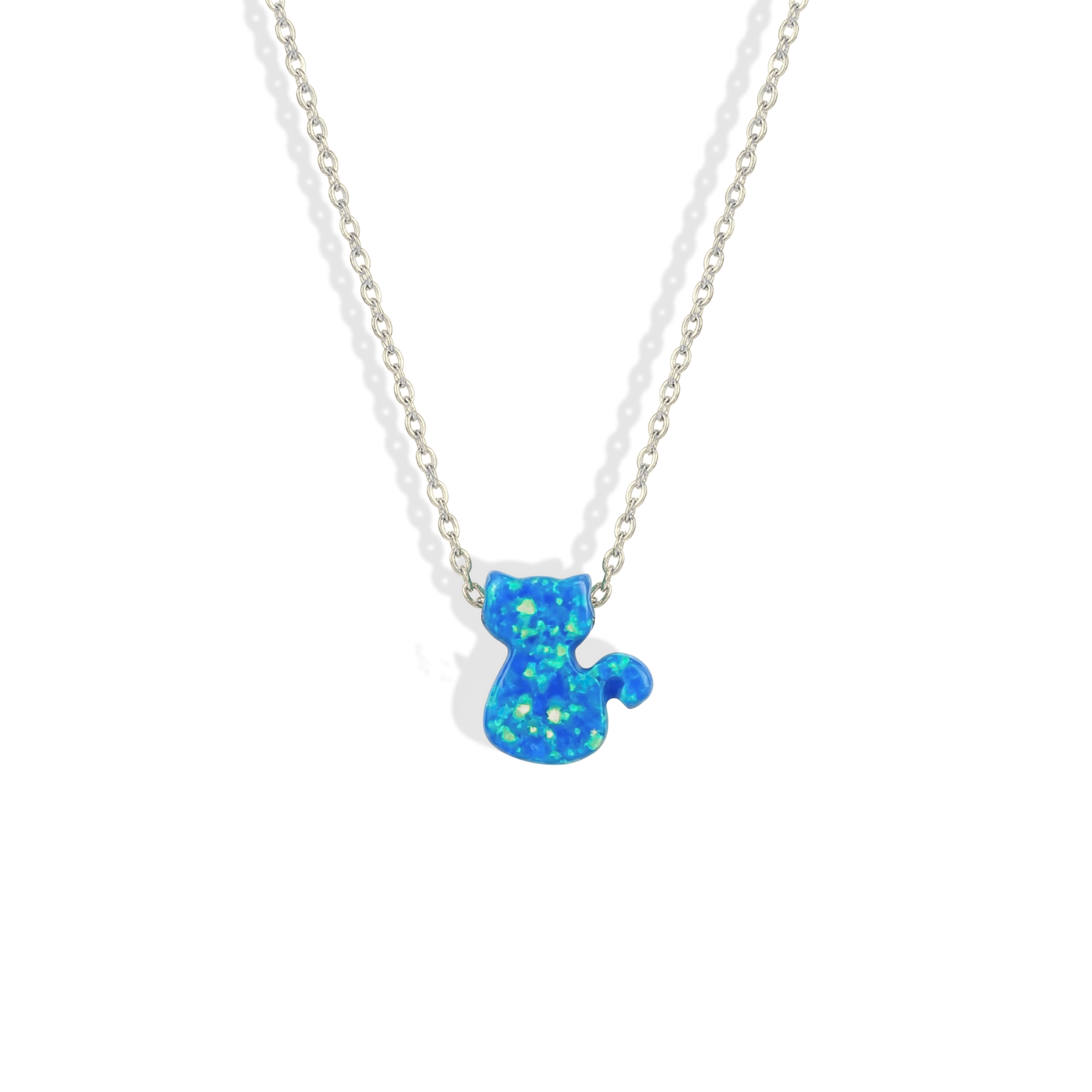 Opal Cat Kitty Blue Necklace 14K Gold / Silver