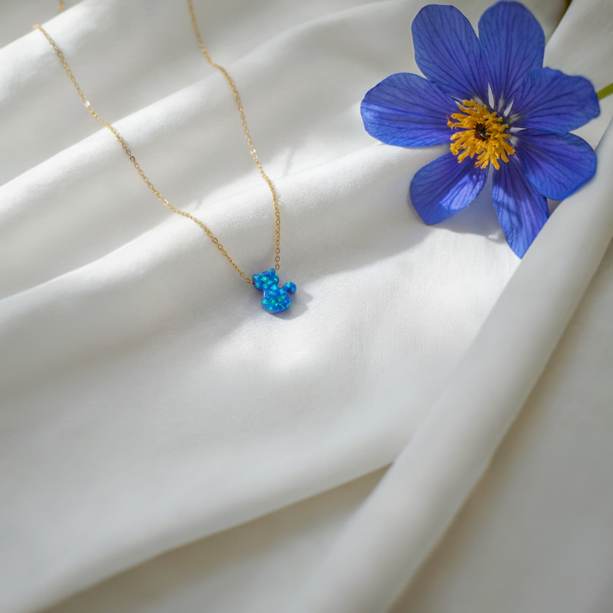 Opal Cat Kitty Blue Necklace 14K Gold / Silver