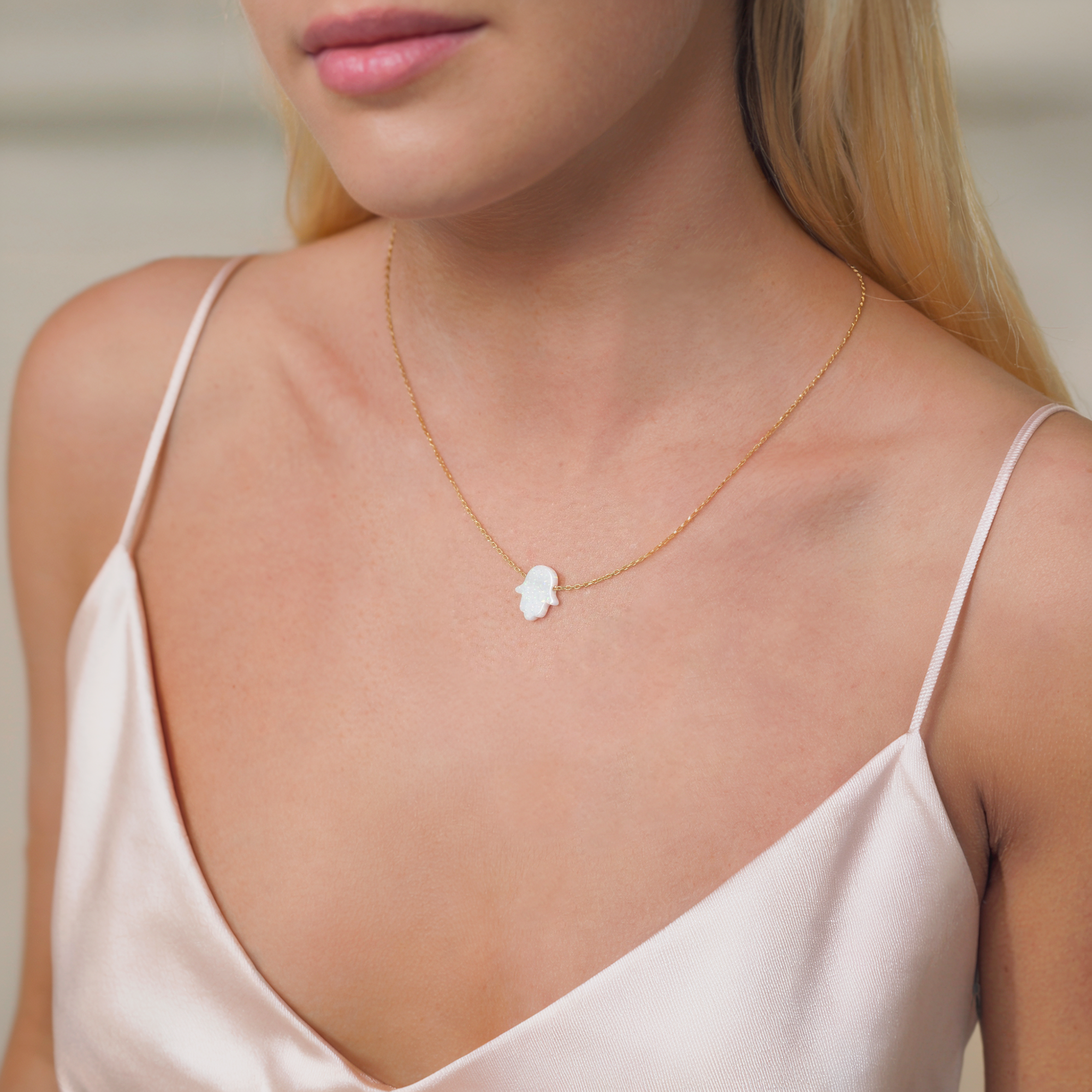 Opal Hamsa Hand Necklace 14K Gold