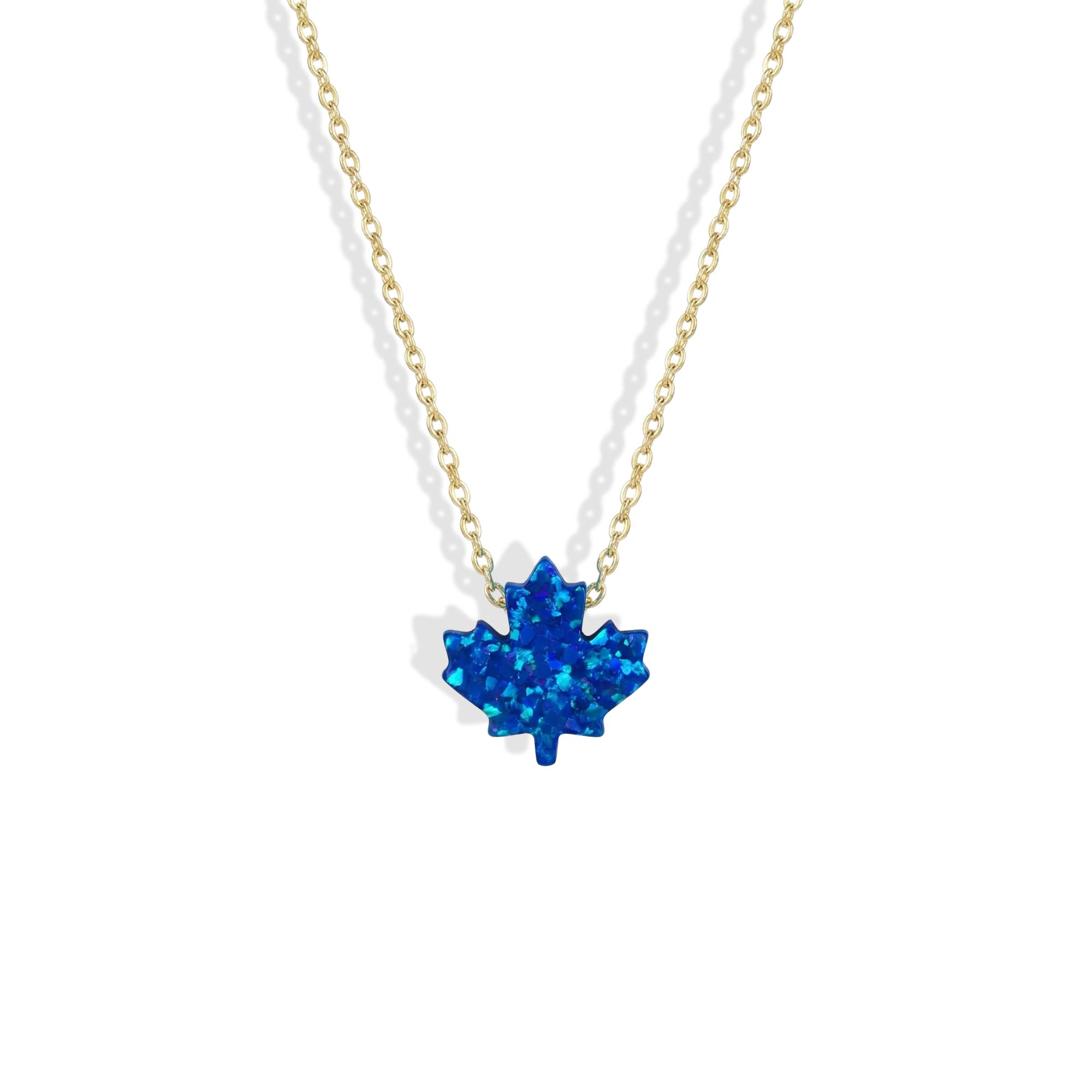 Opal Maple Leaf Blue Necklace 14K Gold Silver with deep blue opal and leaf-inspired handmade design