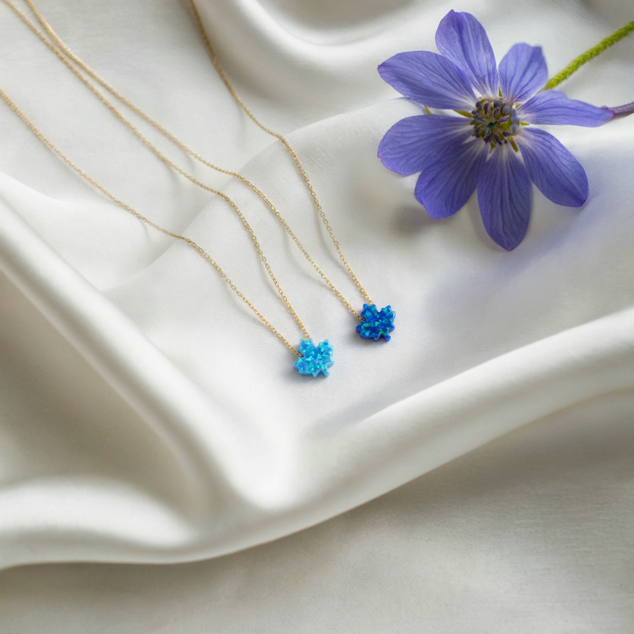 Opal Maple Leaf Blue Necklace 14K Gold / Silver