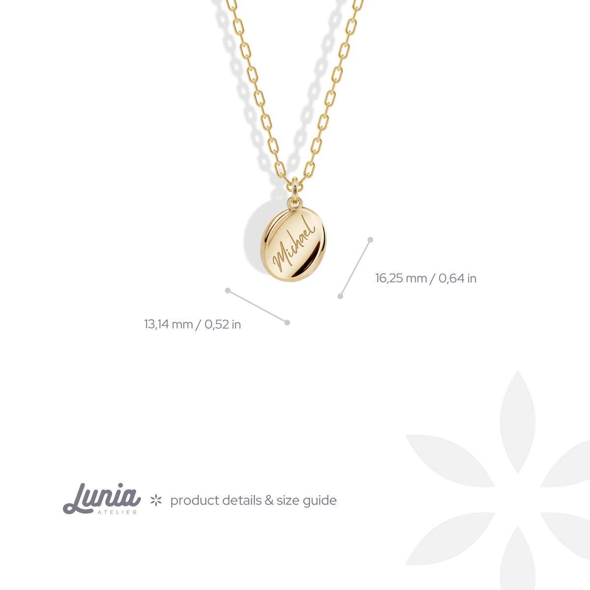 Name oval measurements in millimetres and inches, 13.14 by 16.25 mm