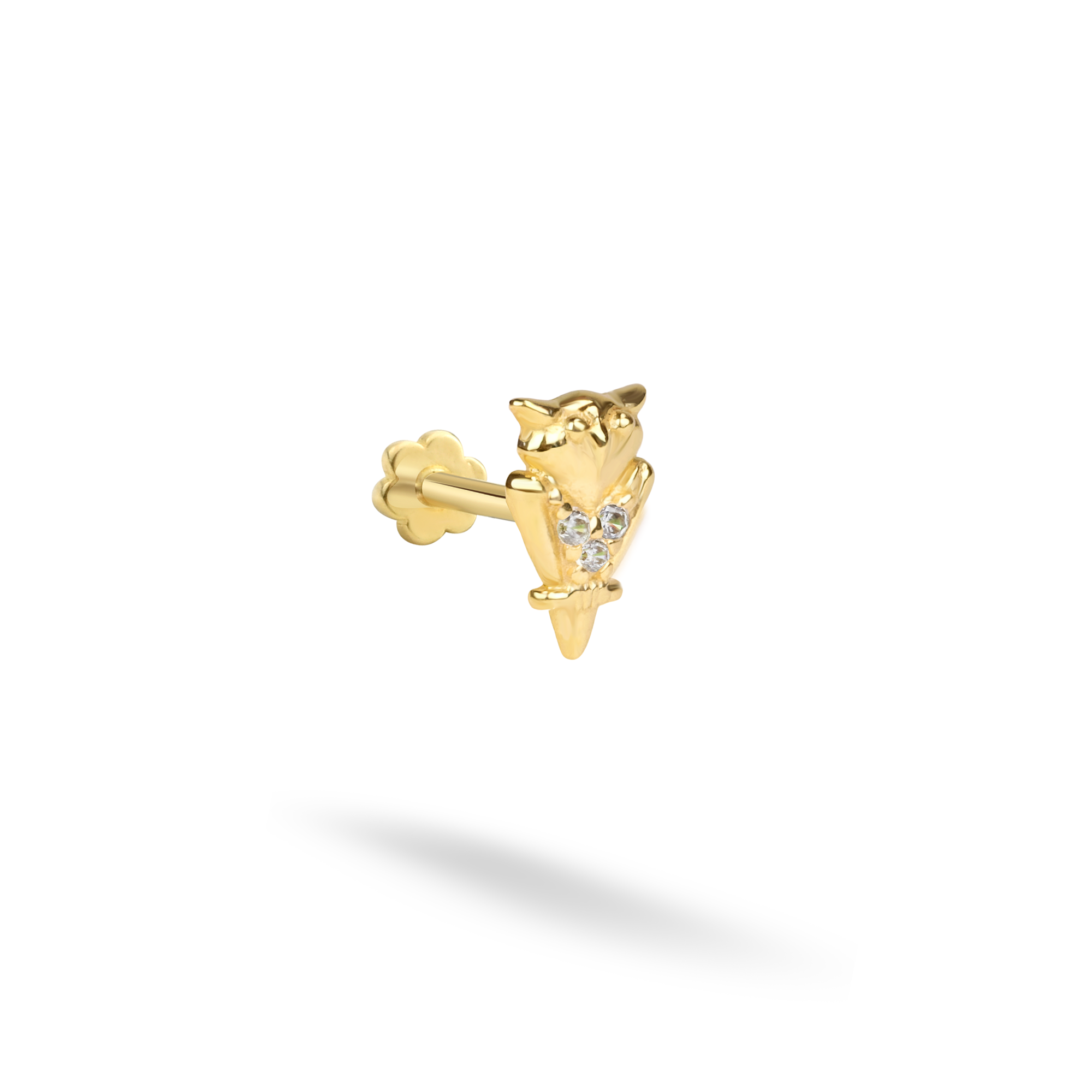 Boho Owl Flatback Ear Piercing 14K Gold with CZ Stone