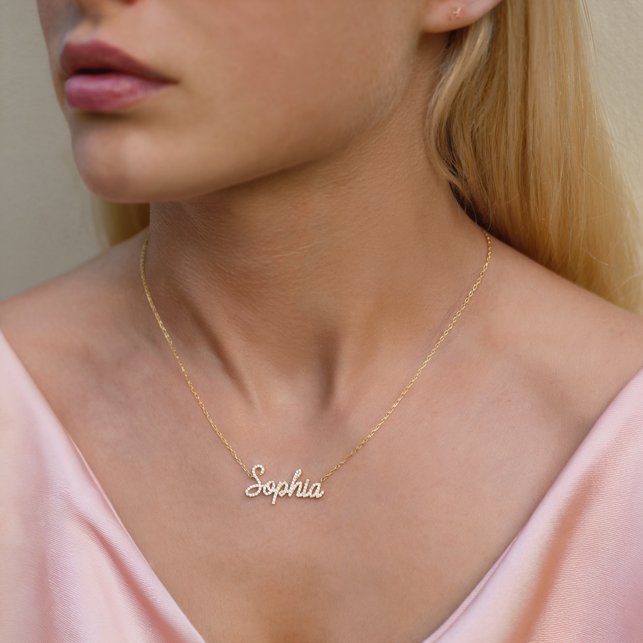 Personalized Name Custom Diamond Necklace 14K Gold CZ Stone