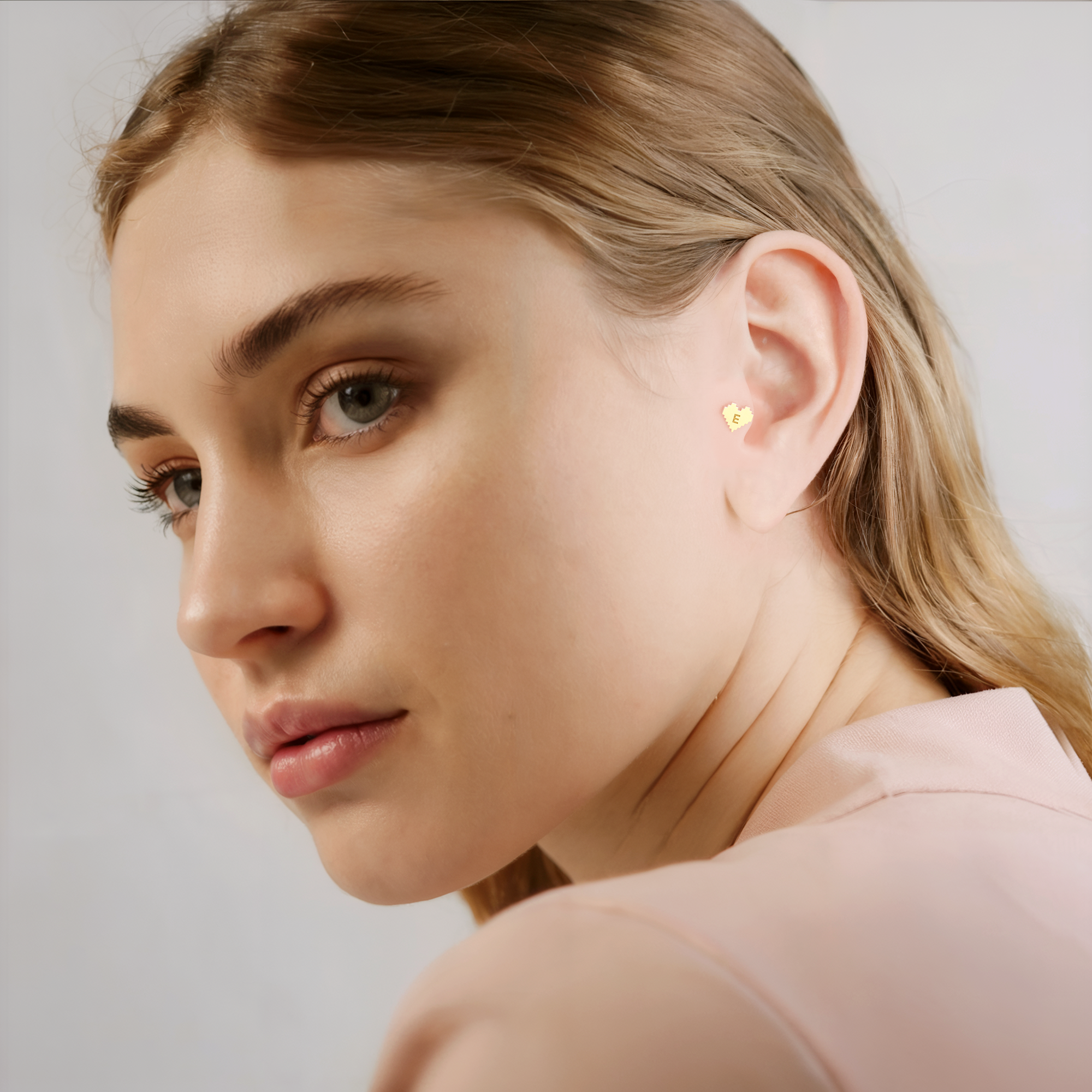 Pixel Heart Initial Custom Flatback Ear Piercing 14K Gold
