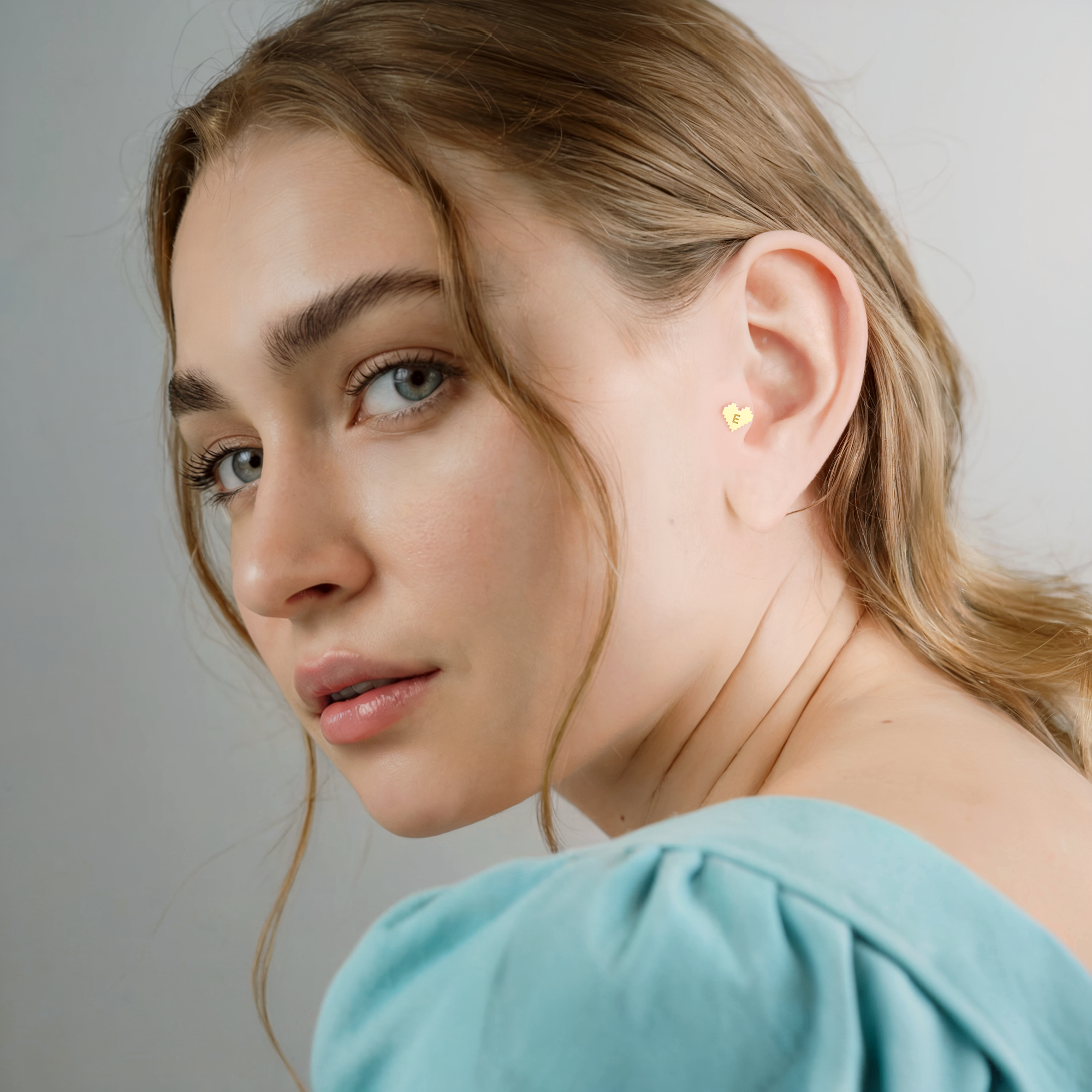 Pixel Heart Initial Custom Flatback Ear Piercing 14K Gold