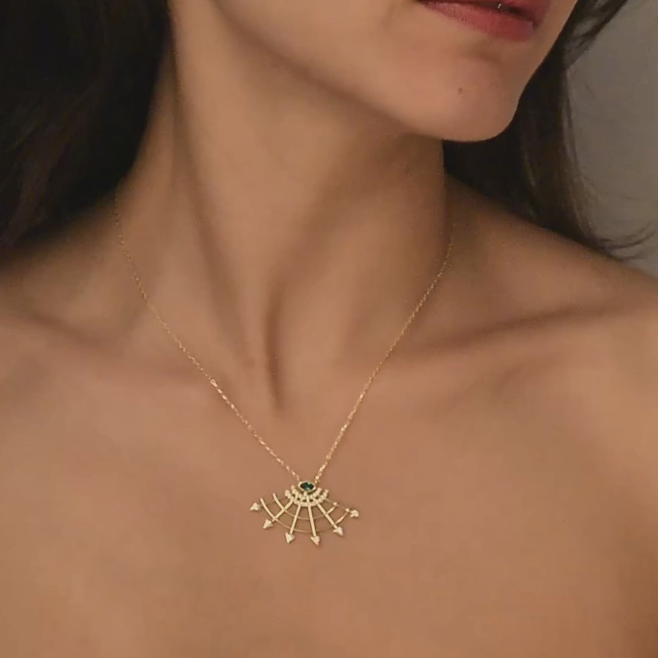 Fan Green Eye Diamond Necklace 14K Gold